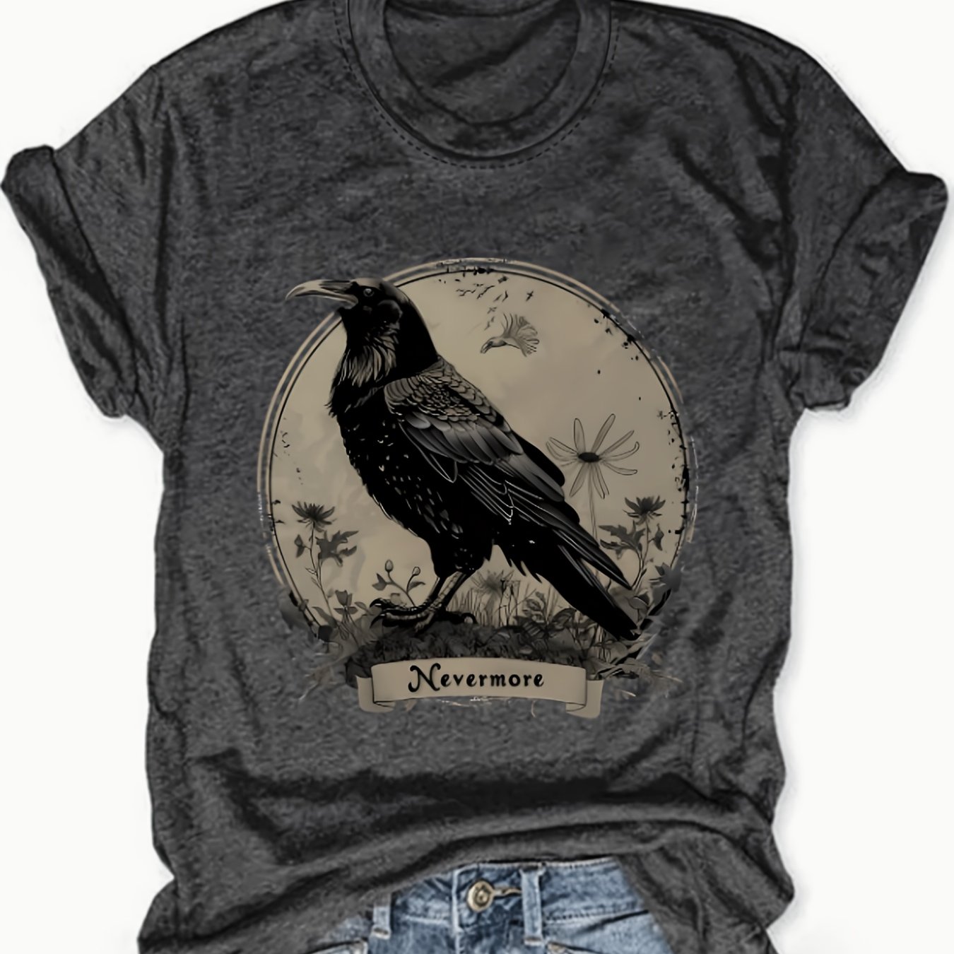 TEMU Women's Gothic T-shirt - Short Sleeve Round Neck Casual Top With & Floral Circle Print, Machine Washable Breathable Blouse- Product Style