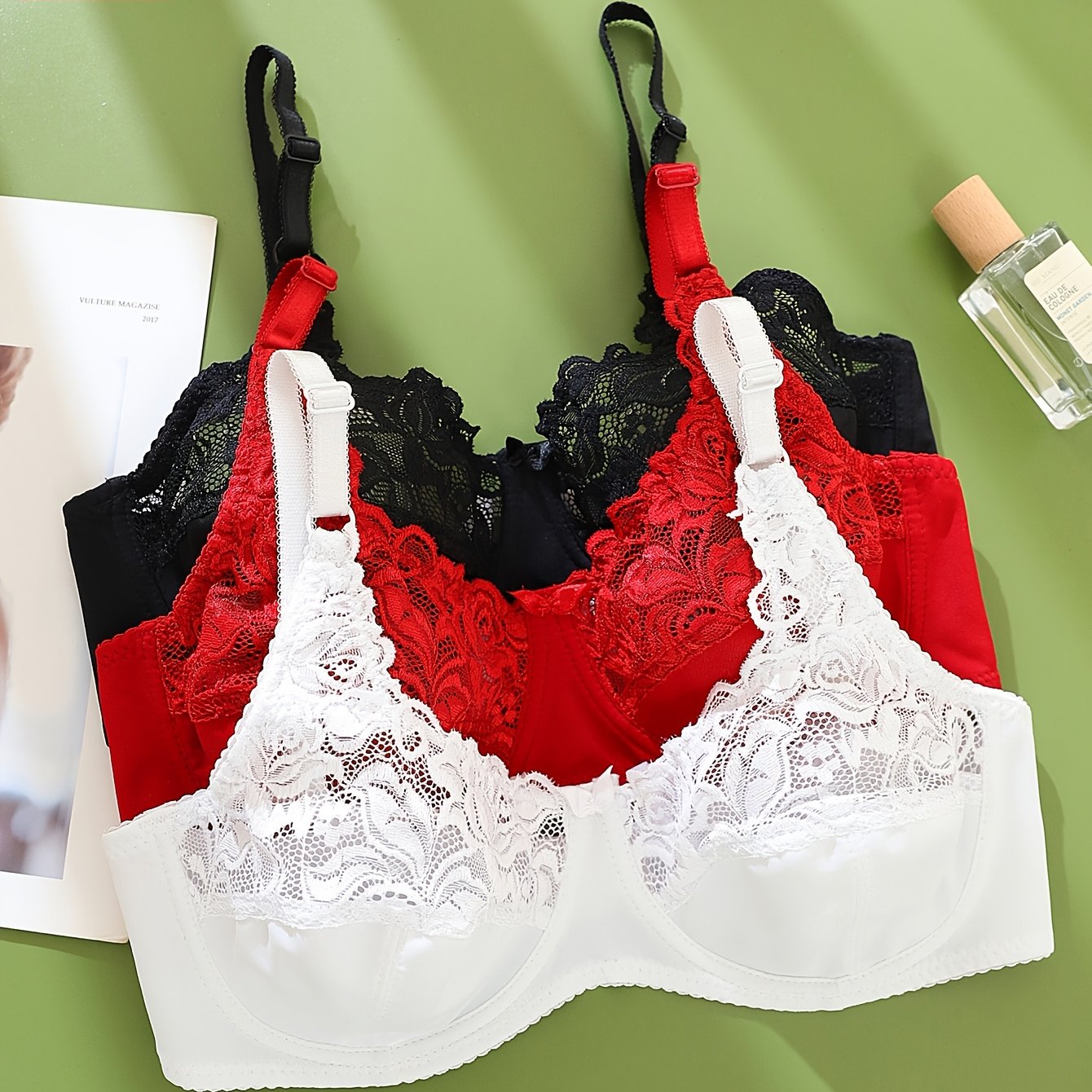 3pcs Set Of Ultra-thin Plus Size Lace Women's Bra, Sexy Solid Color Cd Cup 's Lingerie