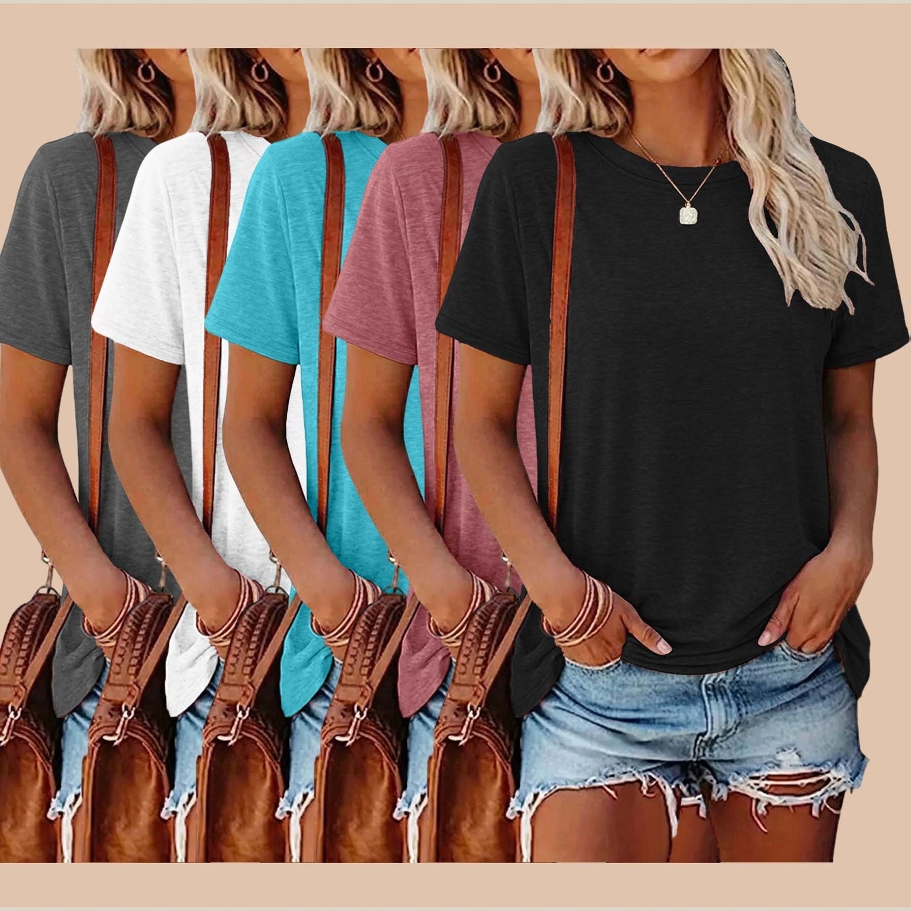 TEMU Plus Size, 5pcs Solid Color Round Neck T-shirts, Casual Short Sleeve T-shirts For Spring And Summer, Women's