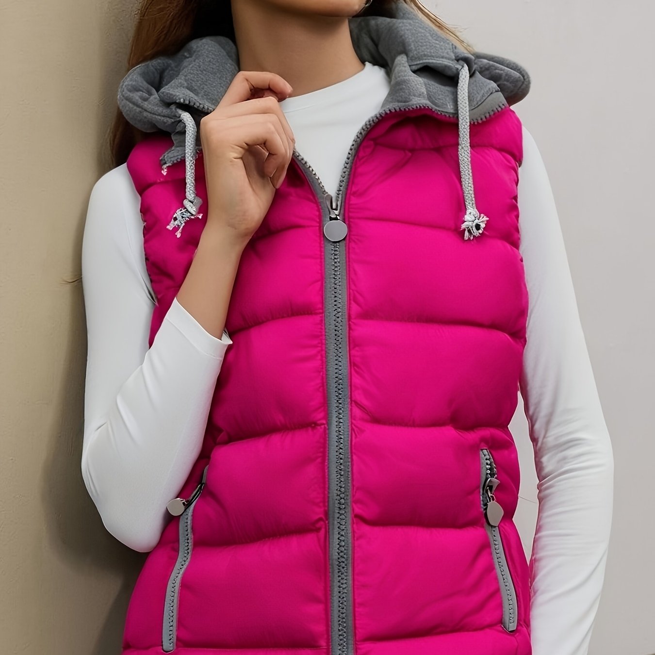 Image of Fashion Hooded Vest Jacket, Women's Short Korean Style Slim Fit Thickened Vest With Drawstring Pockets, Padded And Thickened For Autumn And Winter