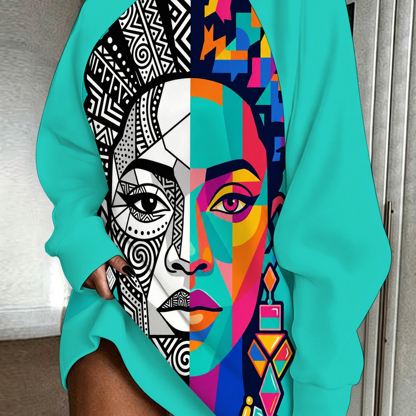 TEMU [digital Printing] Tribal Pop Art Portrait Womens Highneck Sweatshirt Medium Length, Office Travel Casual Wear
