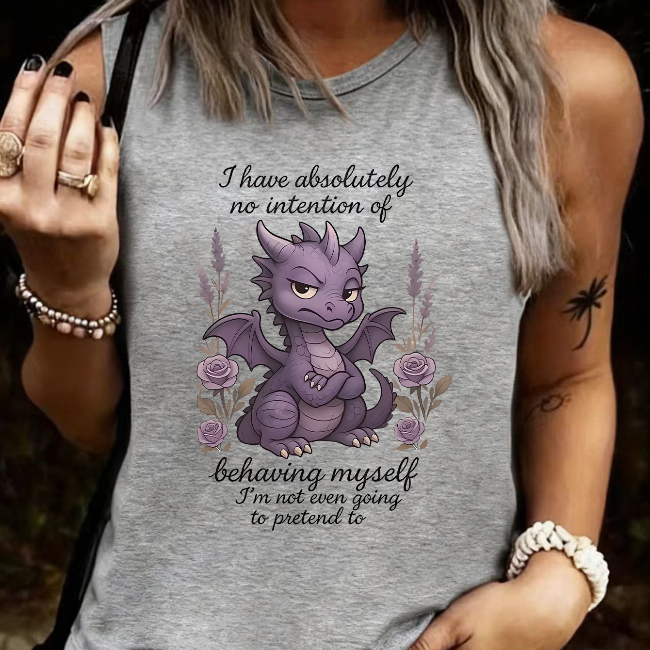 TEMU Women's Funny Sarcastic Dragon & Purple Floral Sleeveless Tank Top - Loose Fit Round Neck Summer Blouse Top Suitable For Dragon Lovers, Fantasy