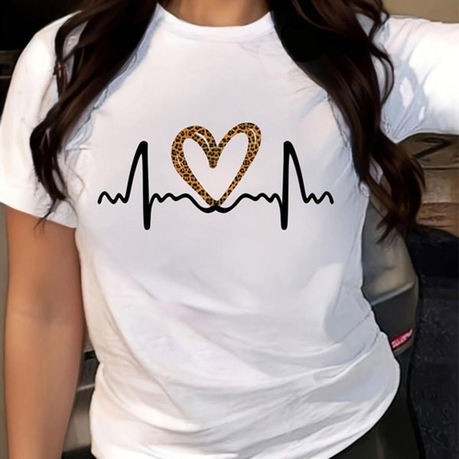 TEMU Women' Casual T-shirt, Heart Rate With Leopard-print , Short Sleeve Crew Neck Top, Multiple Specifications , Comfortable Everyday Wear For Daily