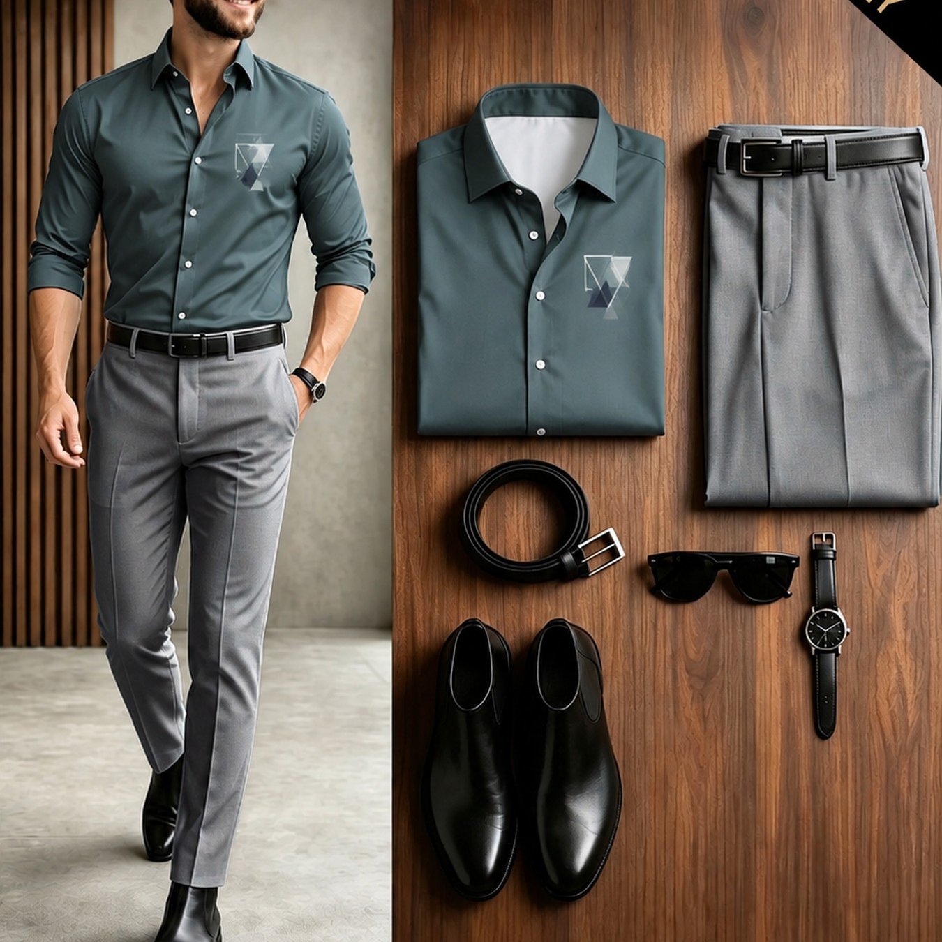 Image of Men's 2pcs Set, Geometric Print Long-sleeve Collared Shirt, Gray Straight-leg Trousers Suit, Business Casual Set, For Wedding/ Daily/ Office Wear