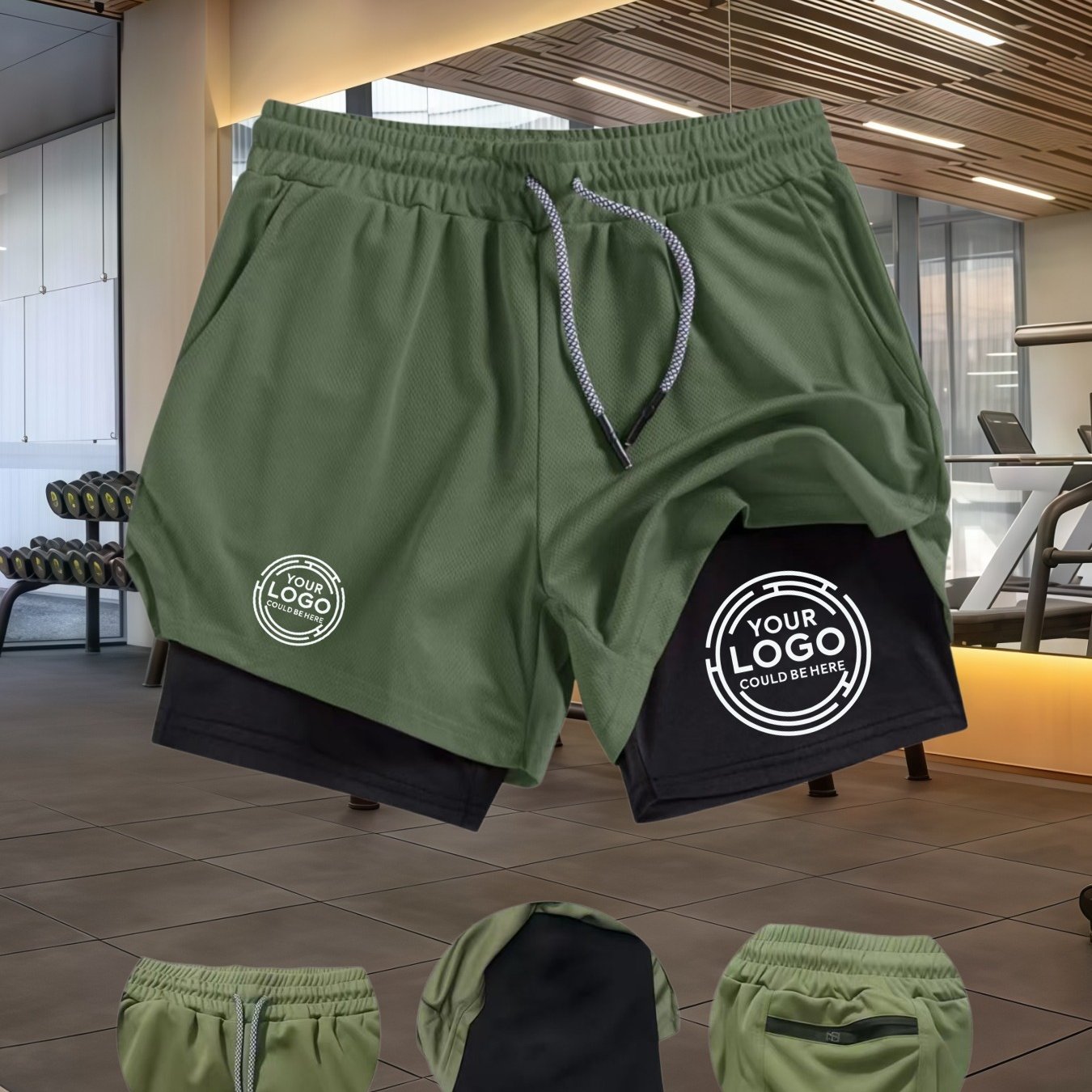 TEMU Men's Customizable Double-layer Sports Shorts - Polyester With Personalized Photo/design Area, Slim Fit Multi-pocket For Fitness, Running,