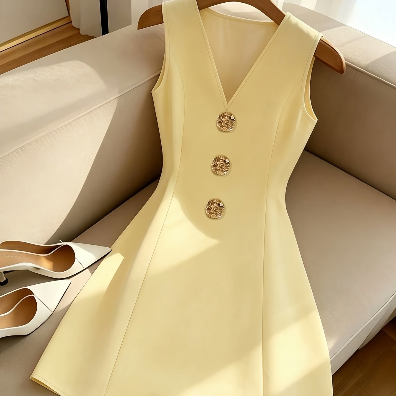 TEMU Women's Elegant Summer New Solid Color V-neck Sleeveless A-line Dress With Waist-cinching Design Suitable For Spring And Summer Casual Wear