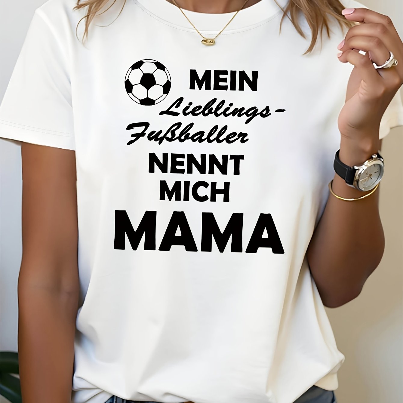 Image of German Football Mom Graphic Print Women's Spring - Summer Short - Sleeve Crew - Neck Casual T - Shirt, Daily Styling, Daily Outing, Holiday Gift
