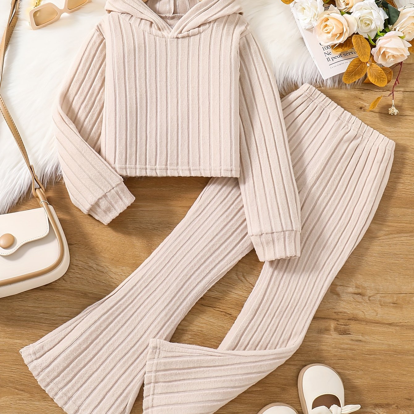 Girls' Fashion Apricot Casual Set, For Outdoor