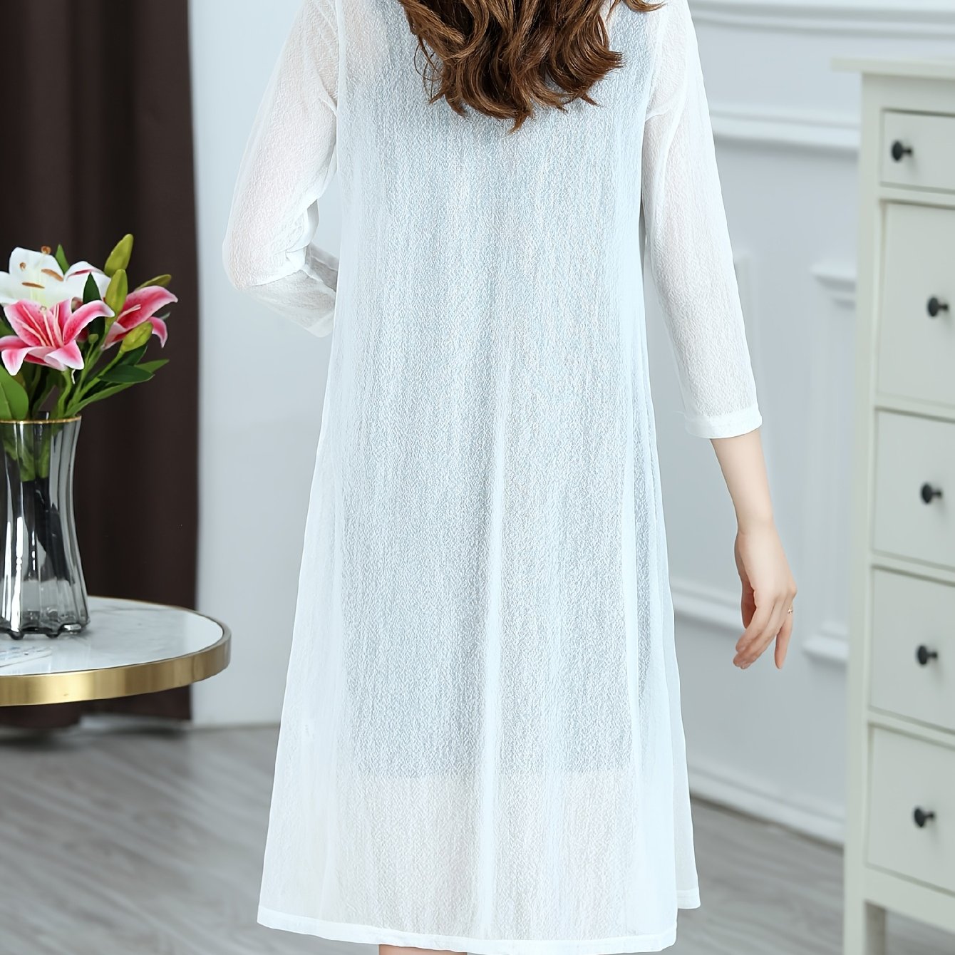 TEMU Plus Size - Plus Size - New Style Mother Mesh Jacquard Shawl Mid-length Trench Coat Women's Sunscreen Versatile Fashionable Cardigan Outerwear,