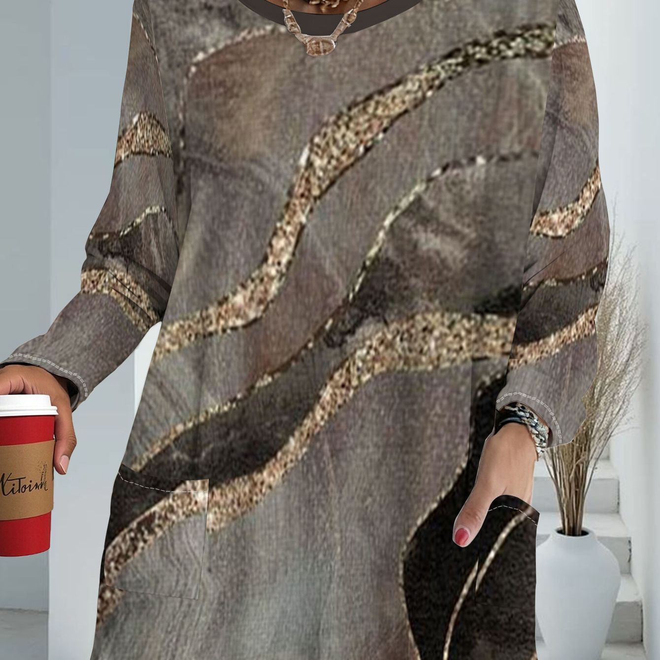 TEMU Women's Plus Size Leopard Print Long-sleeved Loose Top With Pockets Women's Fashionable Casual Plus Size T-shirt New Autumn Comfortable And