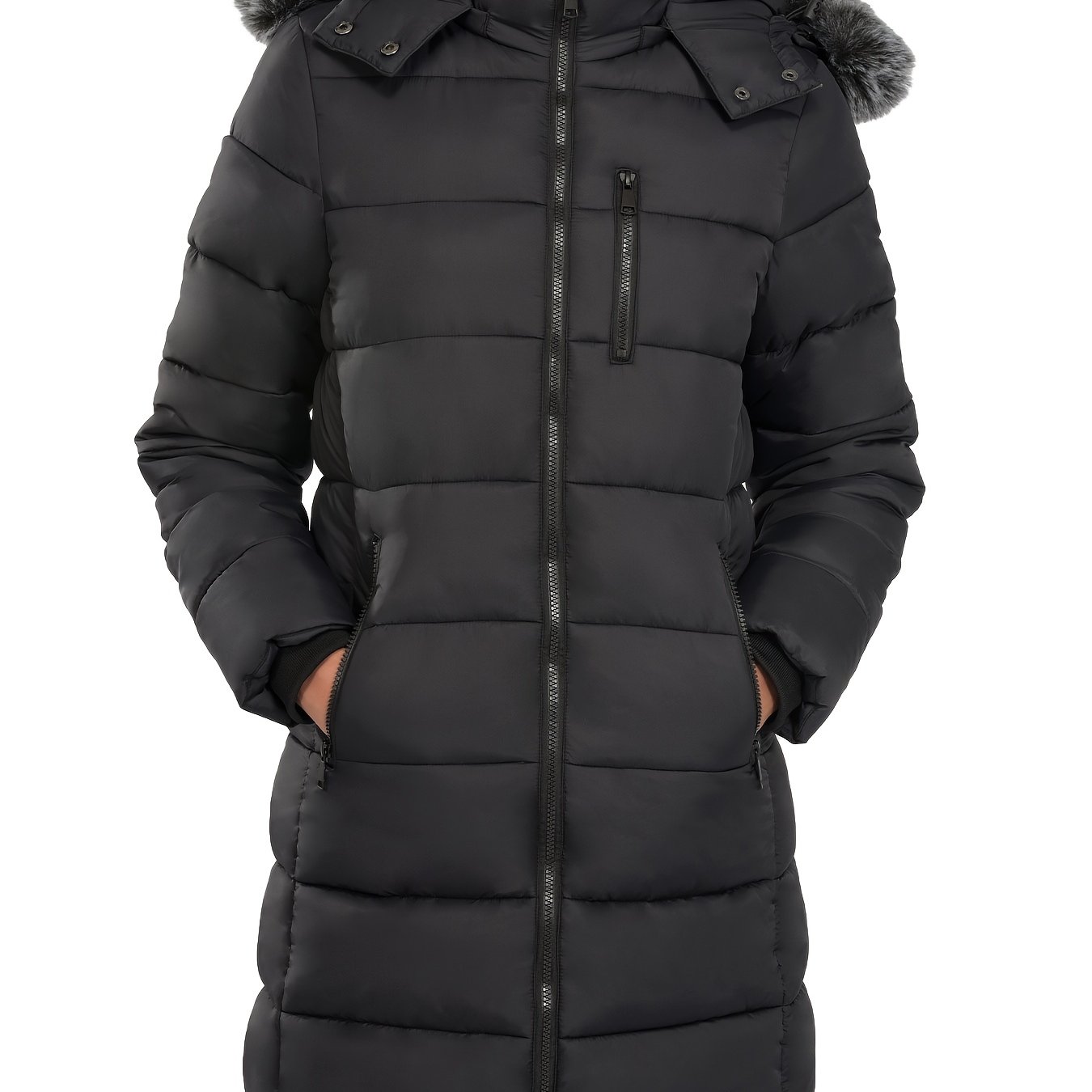 Image of Riemot Women's Winter Jacket With Hood, Warm, Windproof, Elegant Women's Quilted Coat With Zipper Pocket, Long Winter Jacket, Warm Coat For Outdoors, Black (s-xxl)