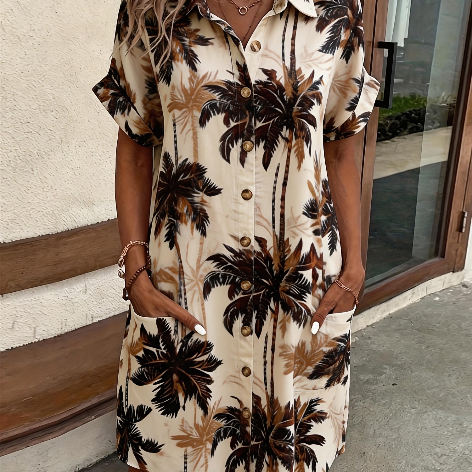 TEMU Women's Spring Summer Coconut Tree Tropical Print Shirtdress, Collared Short Sleeve Front-button Side-pocket Short Skirt, Dress