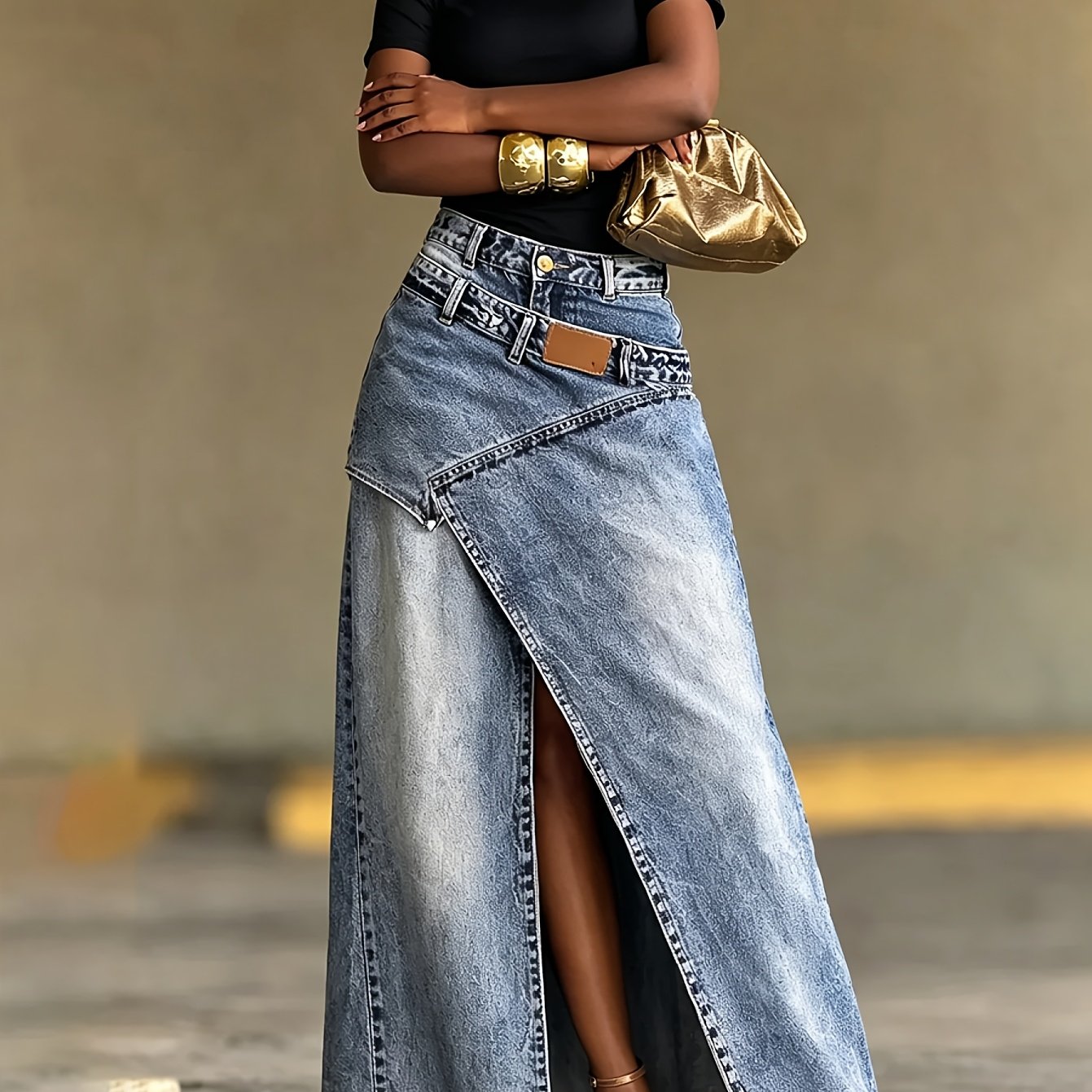 TEMU Women's Vintage-washed High-waist Denim Midi-long Skirt With Irregular Spliced Slit Design, Suitable For Spring, Summer, Autumn And Winter