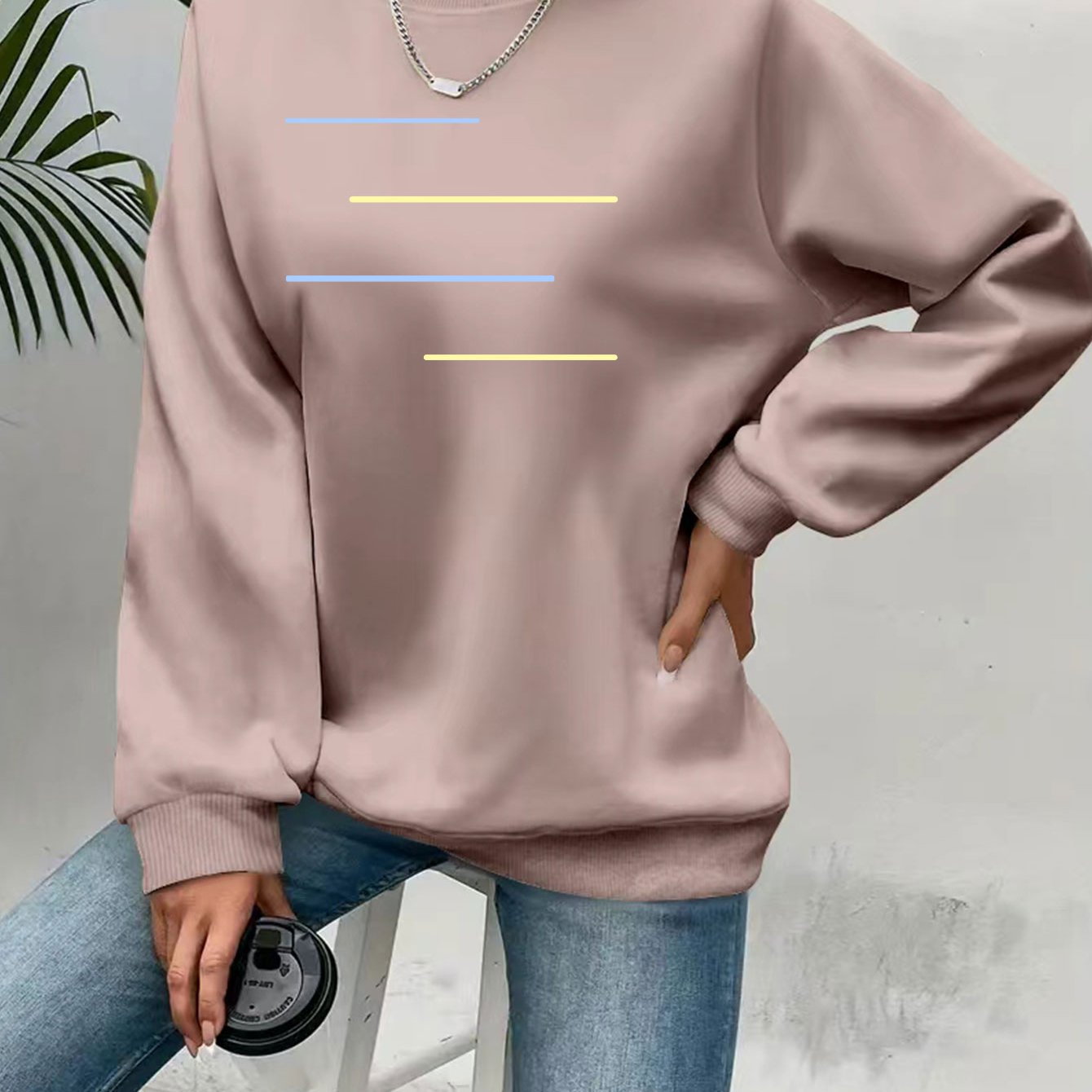 TEMU Comfortable Blue And Yellow Minimalist Line Art Crewneck Sweatshirt - Soft Casual Long Sleeve, Suitable For Women' Wear , Autumn, And Winter