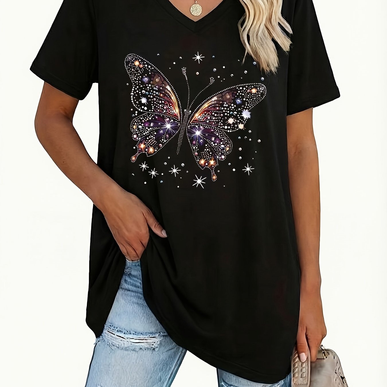 Plus Size, Plus Size Women's V-neck Geometric Pattern T-shirt