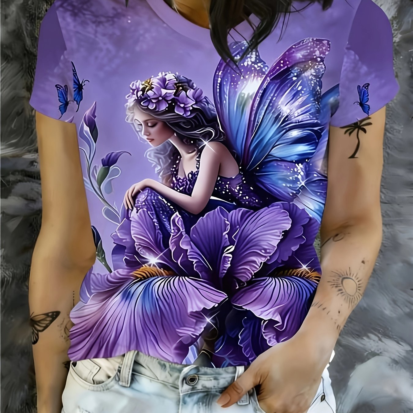 TEMU Fairy Princess Print Women's Round Neck T-shirt, Sitting On Iris Flower With Purple-blue Gradient Wings , Iris Flower Crown In Hair, Purple Halo