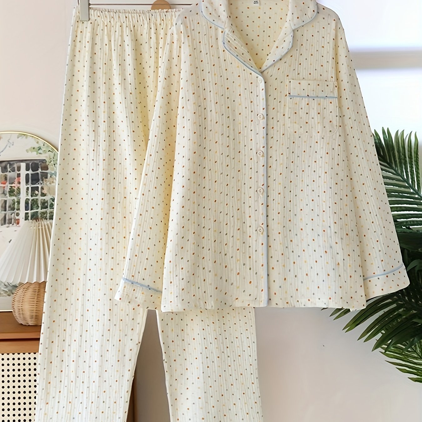 Women's Asian Size 2025 Spring/summer 100% Double-layer Muslin Lightweight Long-sleeve Sweet Pastel Dots Crinkle Gauze Loose-fit Loungewear Set
