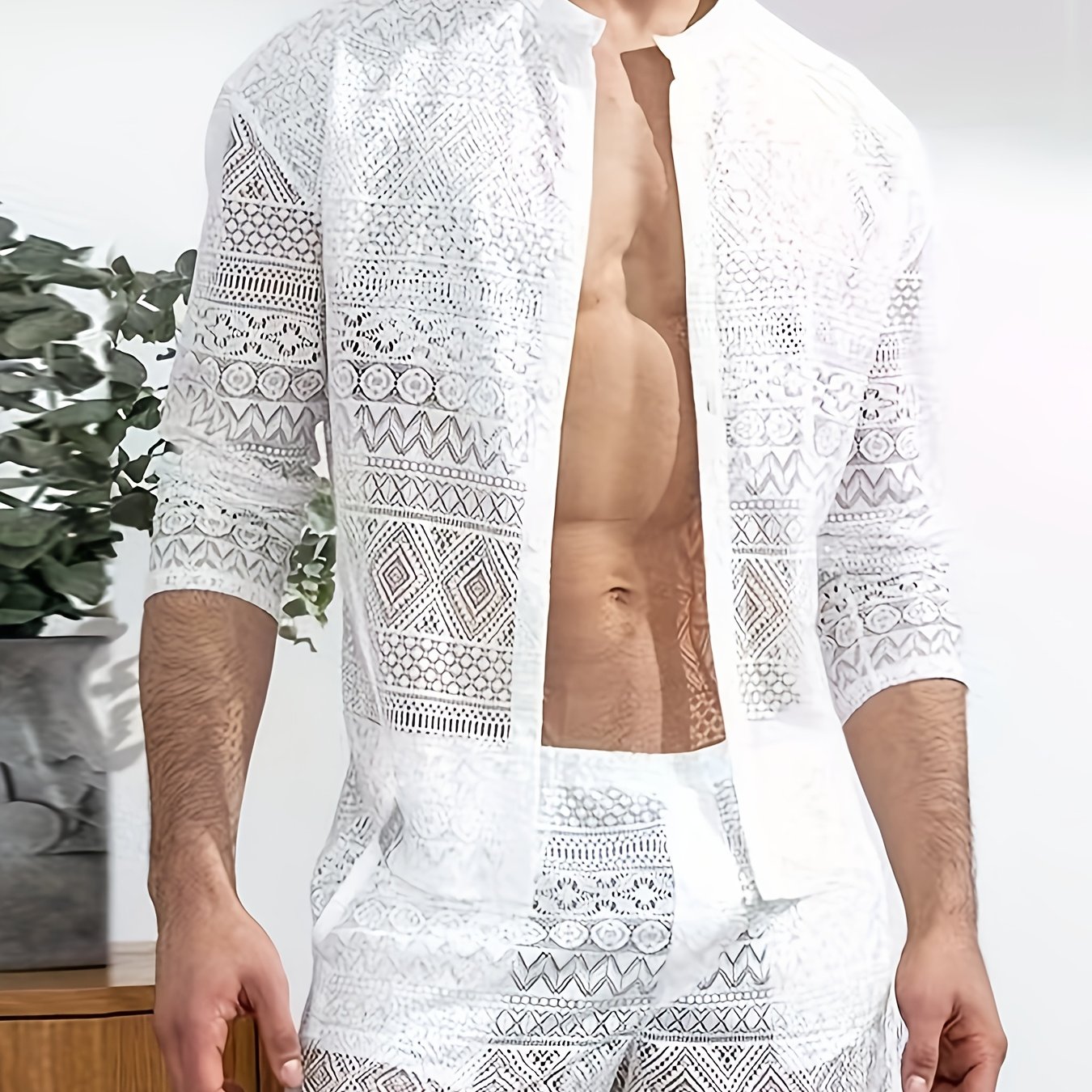 Image of Summer Men's Lace Long Shirt And Shorts 2pcs Set Sexy Casual Summer Beach Party Clubwear