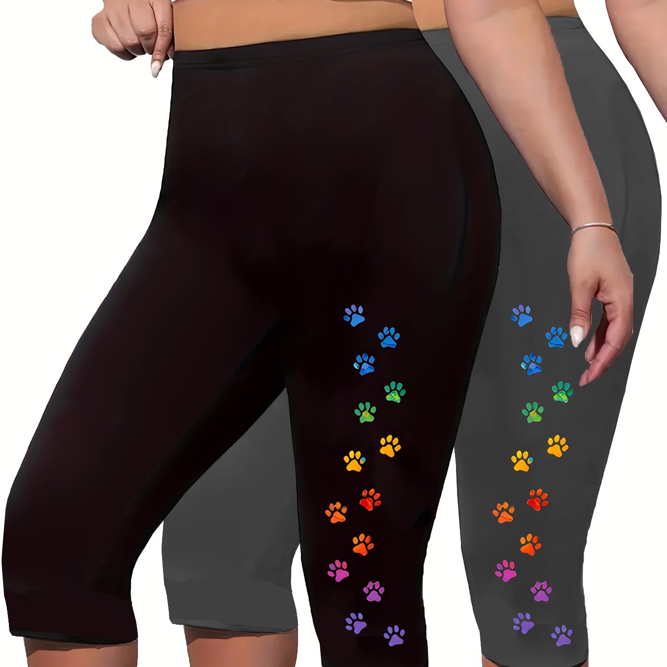 TEMU Plus Size, 2pcs Women's High-waisted 7/8 Leggings - Cat Paw Print - Stretchy Comfortable Casual Wear, Machine Washable