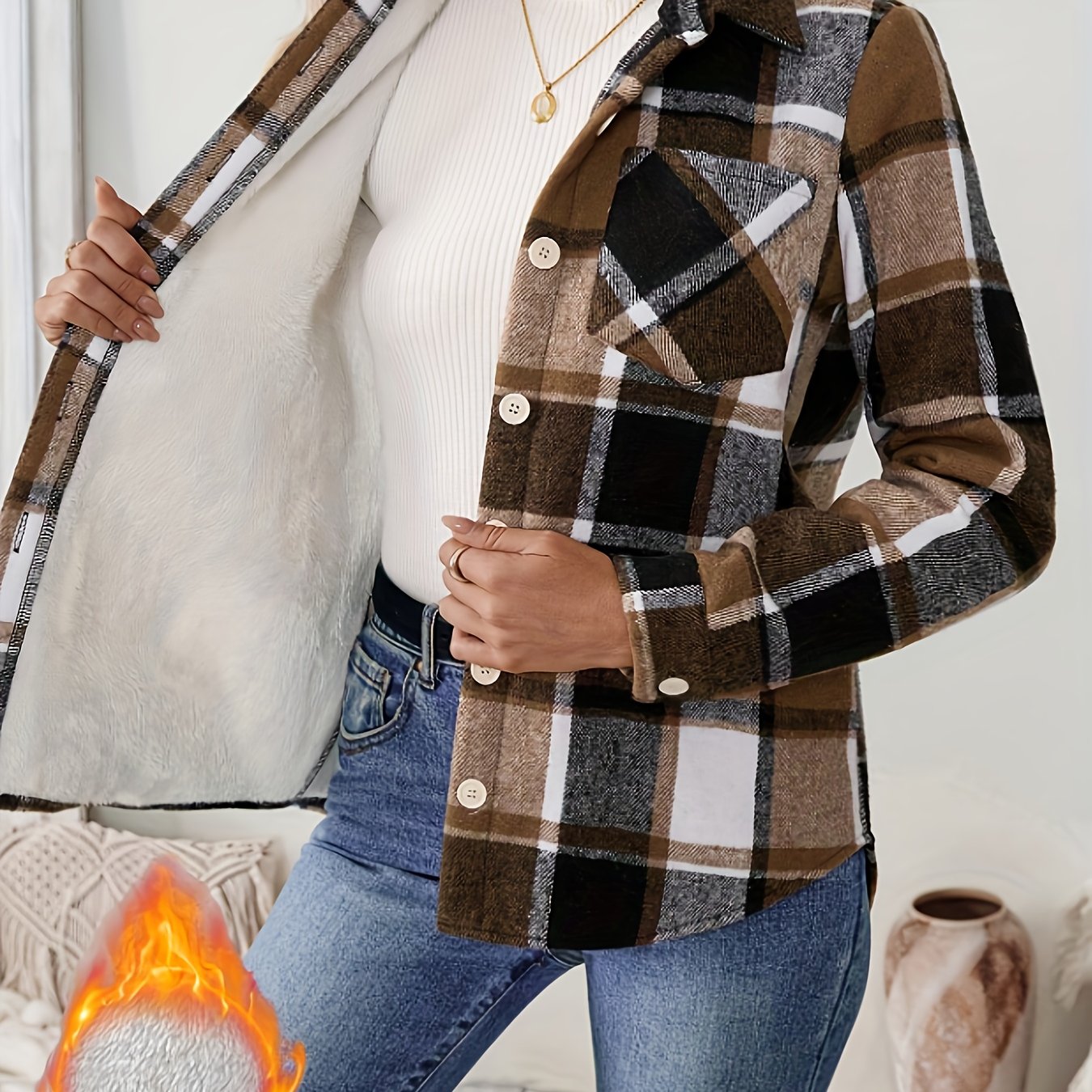 TEMU Giacca camicia da donna a quadri foderata in pile