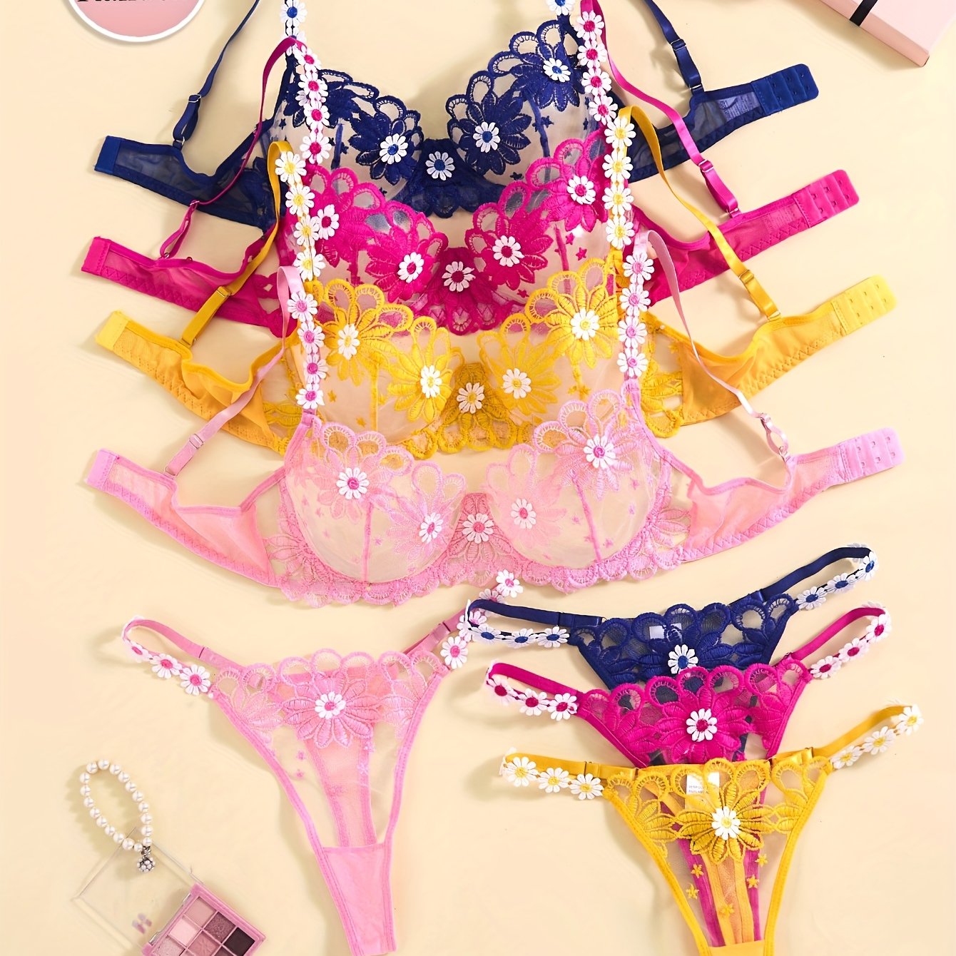 TEMU Random 1 Set Women'-piece Embroidered Sexy Lingerie Set, Three-dimensional Sunflower Embroidered Single-layer Push-up Bra And Mesh Thong, Thin
