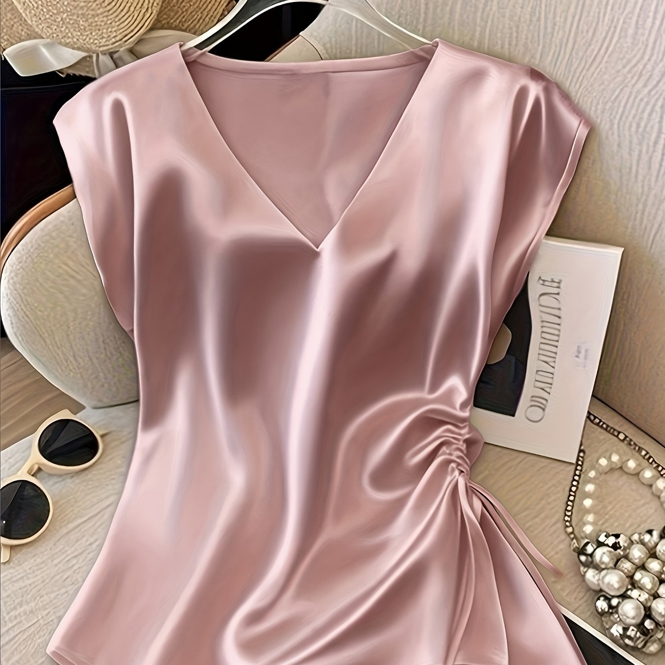 TEMU Women' Satin V-neck Ruched Summer Elegant Blouse
