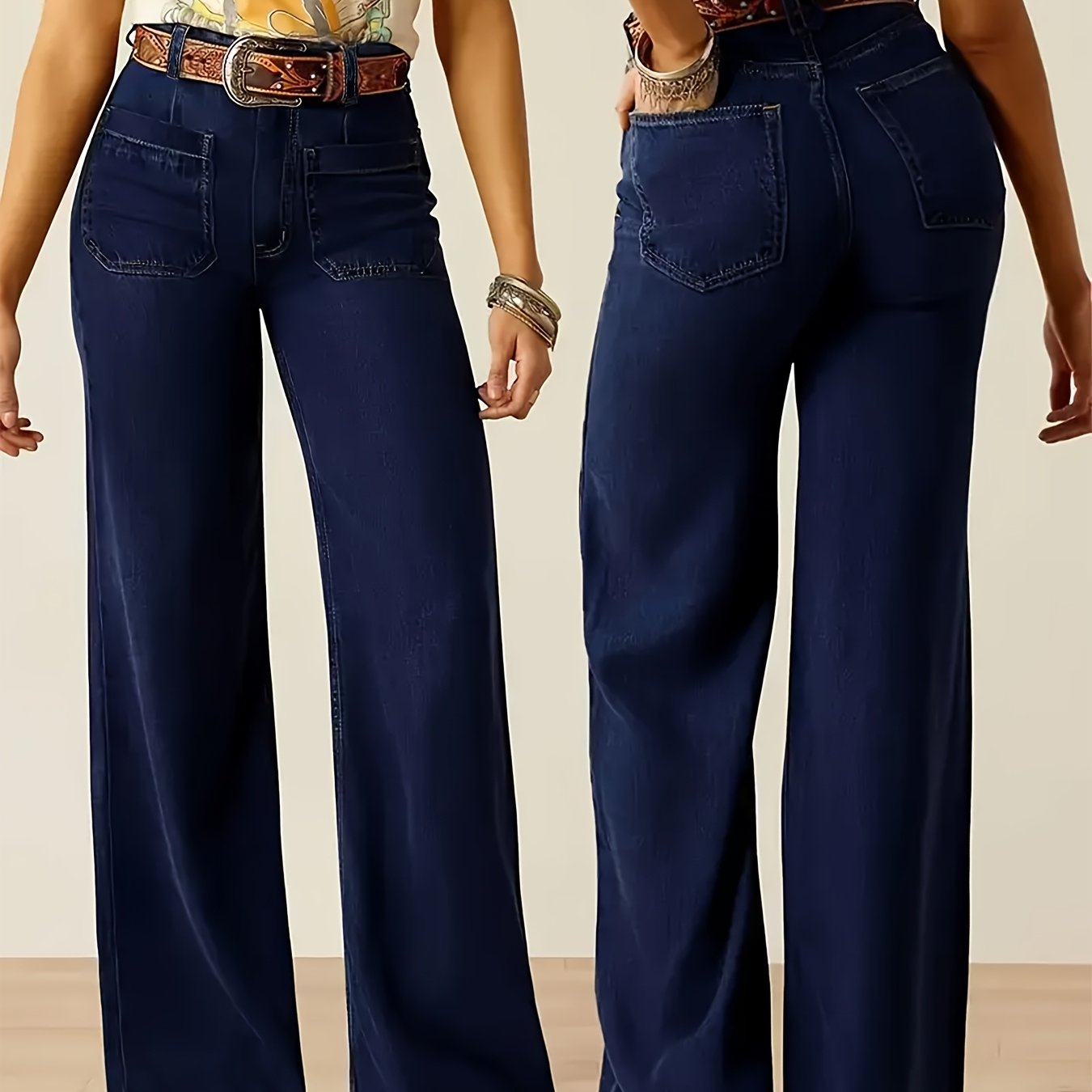 Image of Women's Elastic Fabric Straight-leg Loose Wide-leg Pants, Comfortable Version, Wearable In , Fashionable Wide-leg Design, Pants With Wide Legs, Dark Denim