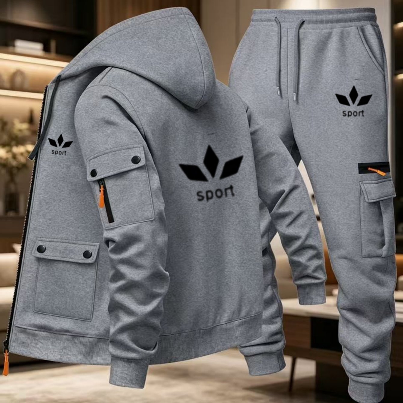 2 kosa: športna jopa s kapuco in potiskom logotipa, več žepov, ter cargo hlače