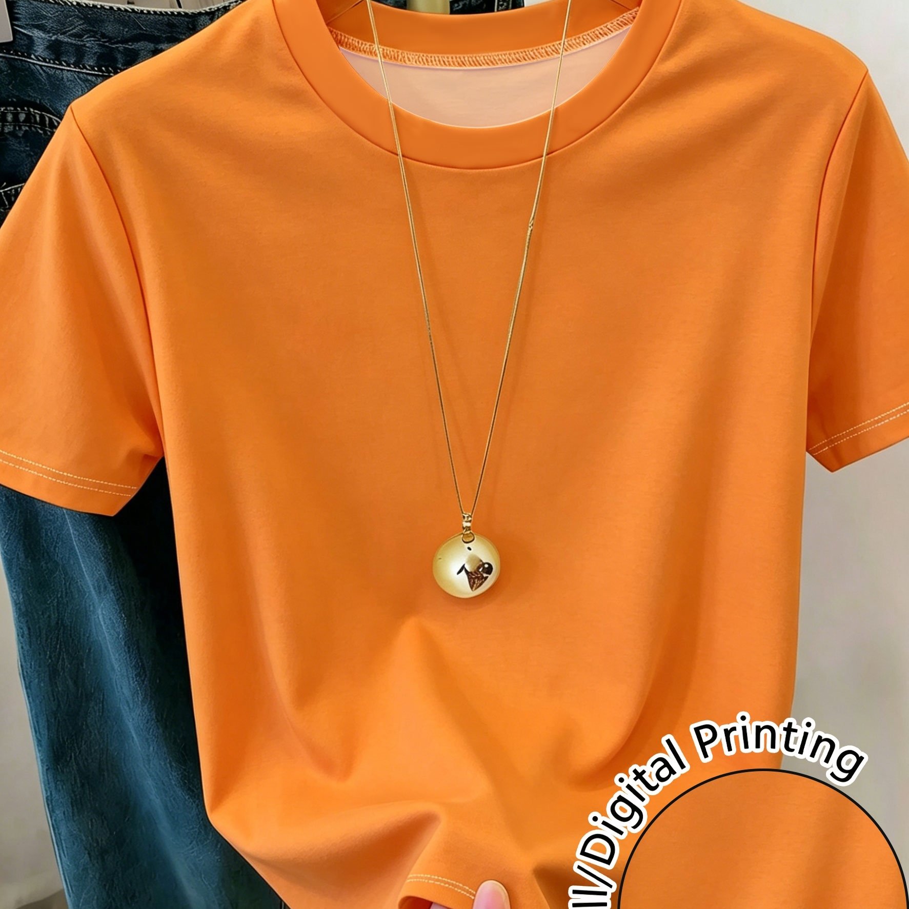 TEMU Women Orange Solid Short Sleeve T-shirt Slim Fit Bright Versatile Spring Summer Daily Basic Top