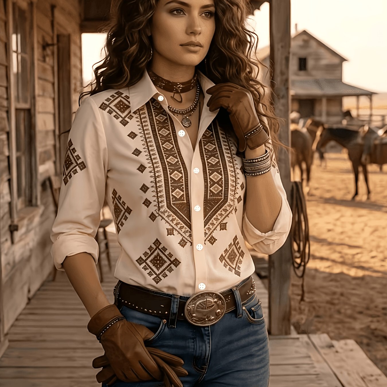 TEMU [printed Design - Not Texture] Women's Long Sleeve Shirt, Western Cowboy Style, Geometric Print