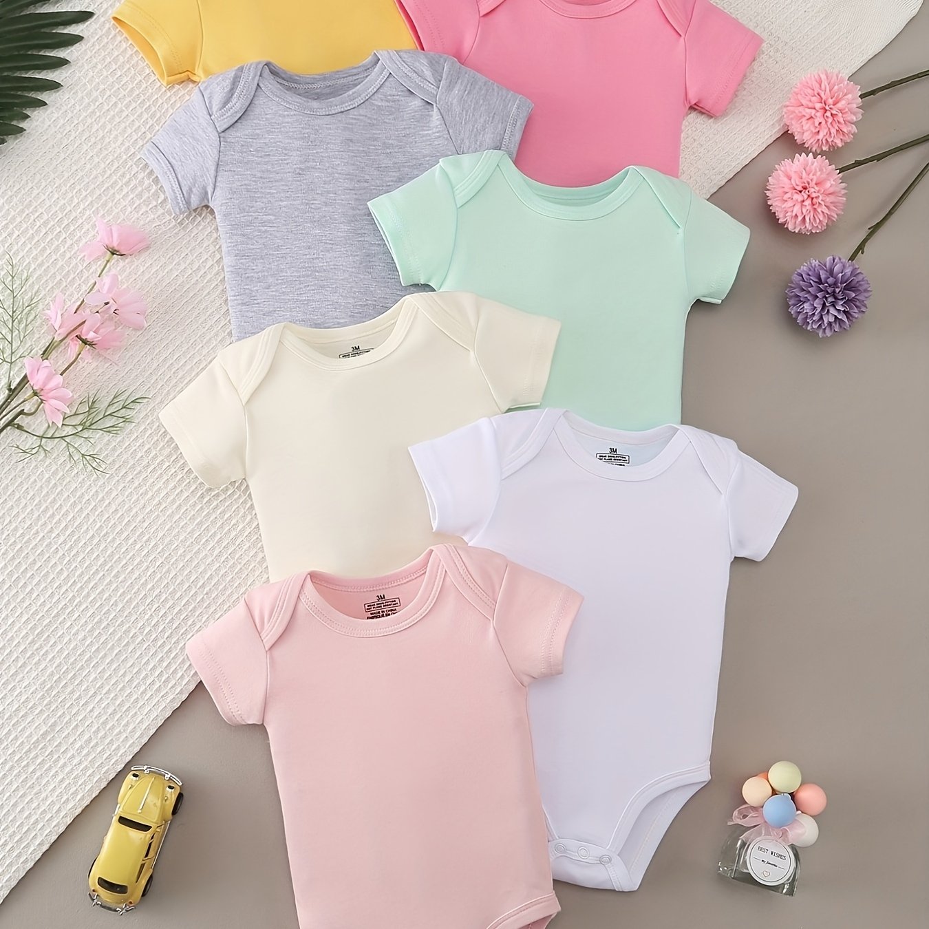 Image of 7pcs Newborn Baby Girl Casual Triangle Bodysuit, Summer Short-sleeved Romper, Suitable For Outdoor Babies Aged 0-12 Months, Perfect For Outdoor