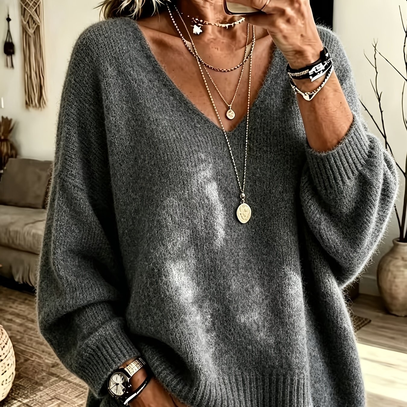 TEMU Pull d'automne/hiver pour femme, haut de gamme, et élégant, à col en V, pour les quotidiens