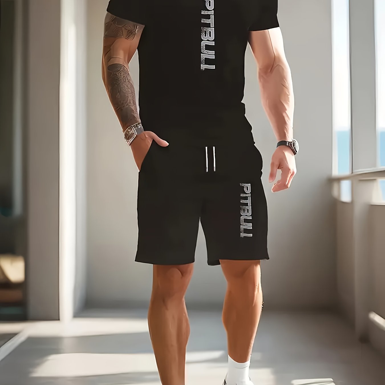 TEMU Men's Summer Workout Set - With "pull" Print, Shorts With Drawstring Waist, Athletic Design For & Casual Wear, Workout Clothes