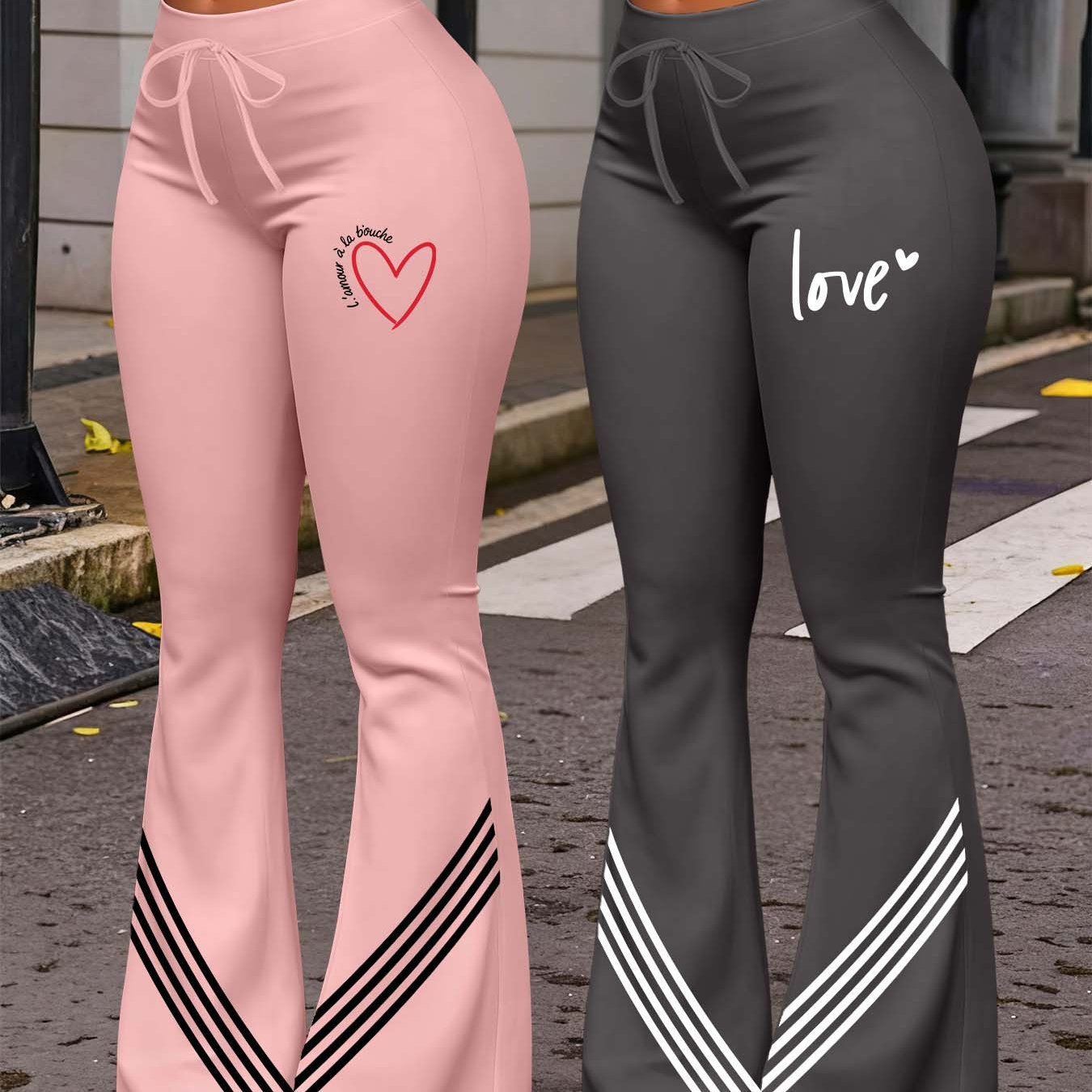 TEMU 2-pack Women's Casual Straight Leg Pants | 2026 Spring Style Print & V-, Comfortable Drawstring Waist, Slim Fit, Hip-lifting Elasticity