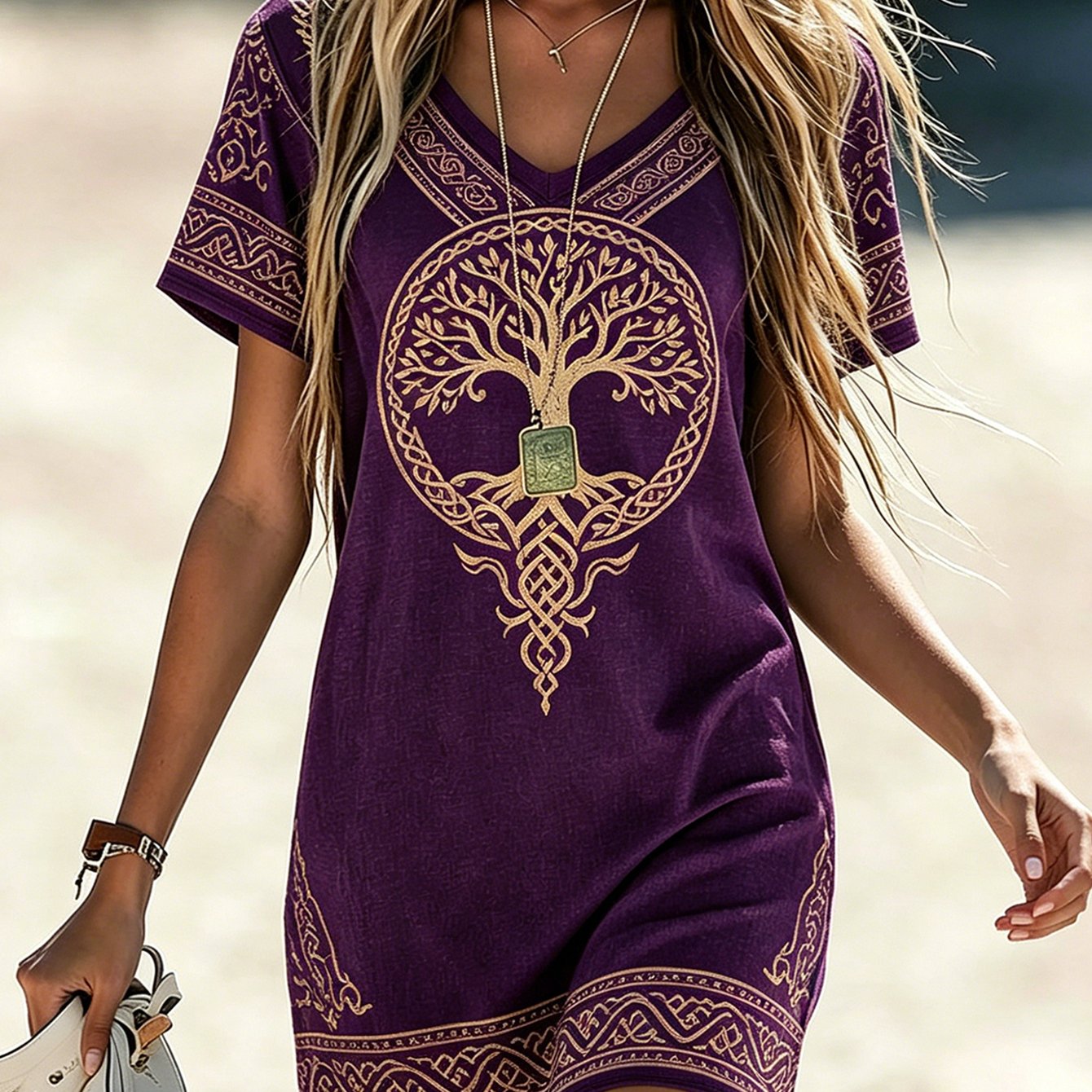 Image of Women's Boho Tree Of V-neck Short Sleeve Dress - Lightweight Loose Shift Mini Dress Suitable For Beach Vacation, Bohemian Sundress With Tunic Length, Casual Resort Wear For Poolside & Everyday Outfits