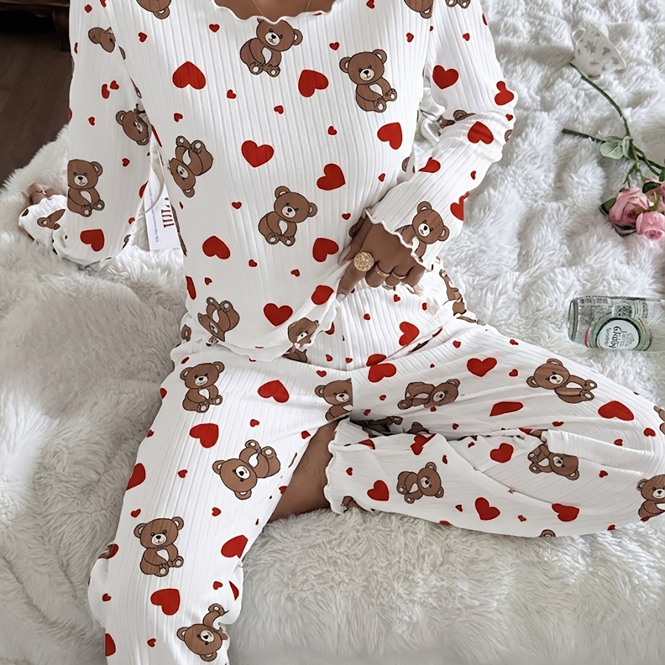 TEMU 2026 Fall Winter Women's 2pcs Ribbed Pajamas, Girly Ins Crew Neck Long Sleeve Allover Heart Bear Print Top, Waist Lounge Pants, Valentine New