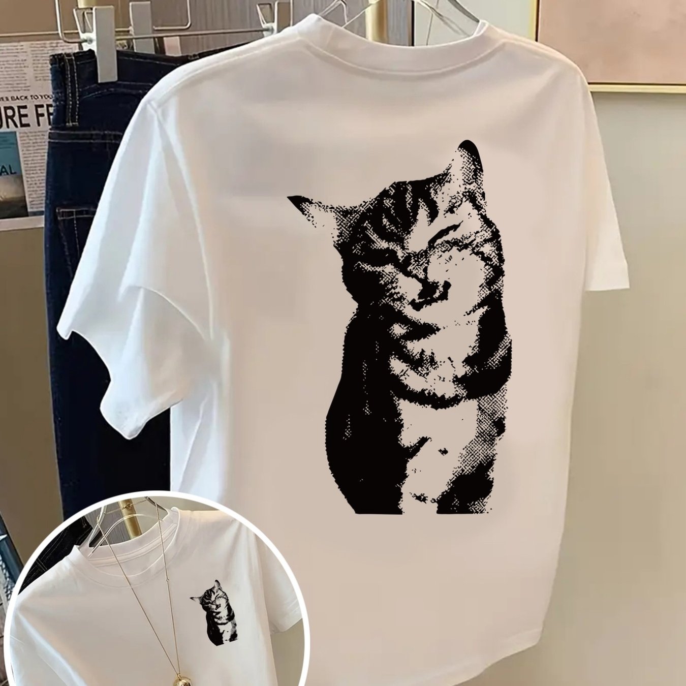 TEMU Front And Back Shortsleeve Tshirt Vintage Cat, Black And White Cat Fashion Print Women's Spring And Summer Trendy Print Tshirt, Fashionable And