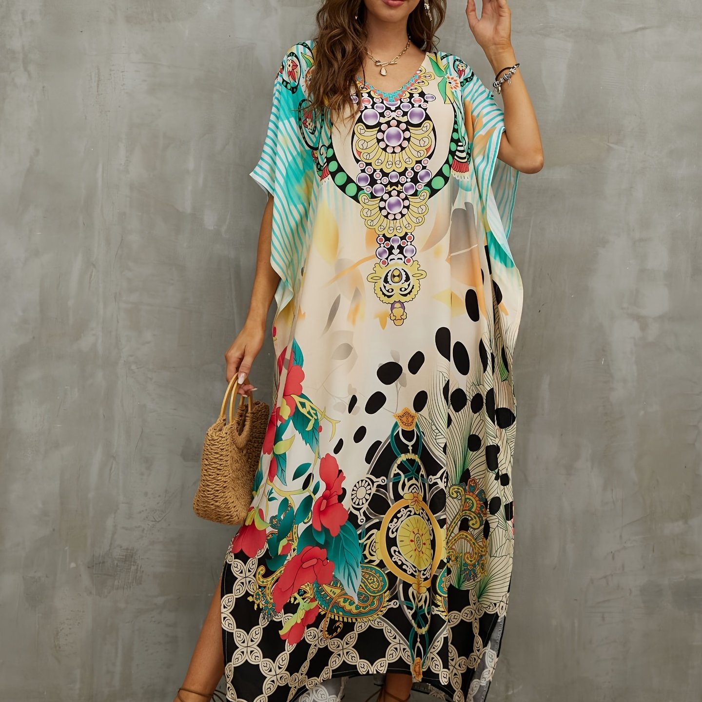 TEMU Plus Size Beach Dress For Women Clothing Bohemian V Neck Batwing Sleeve Kaftan Vacation Beachwear