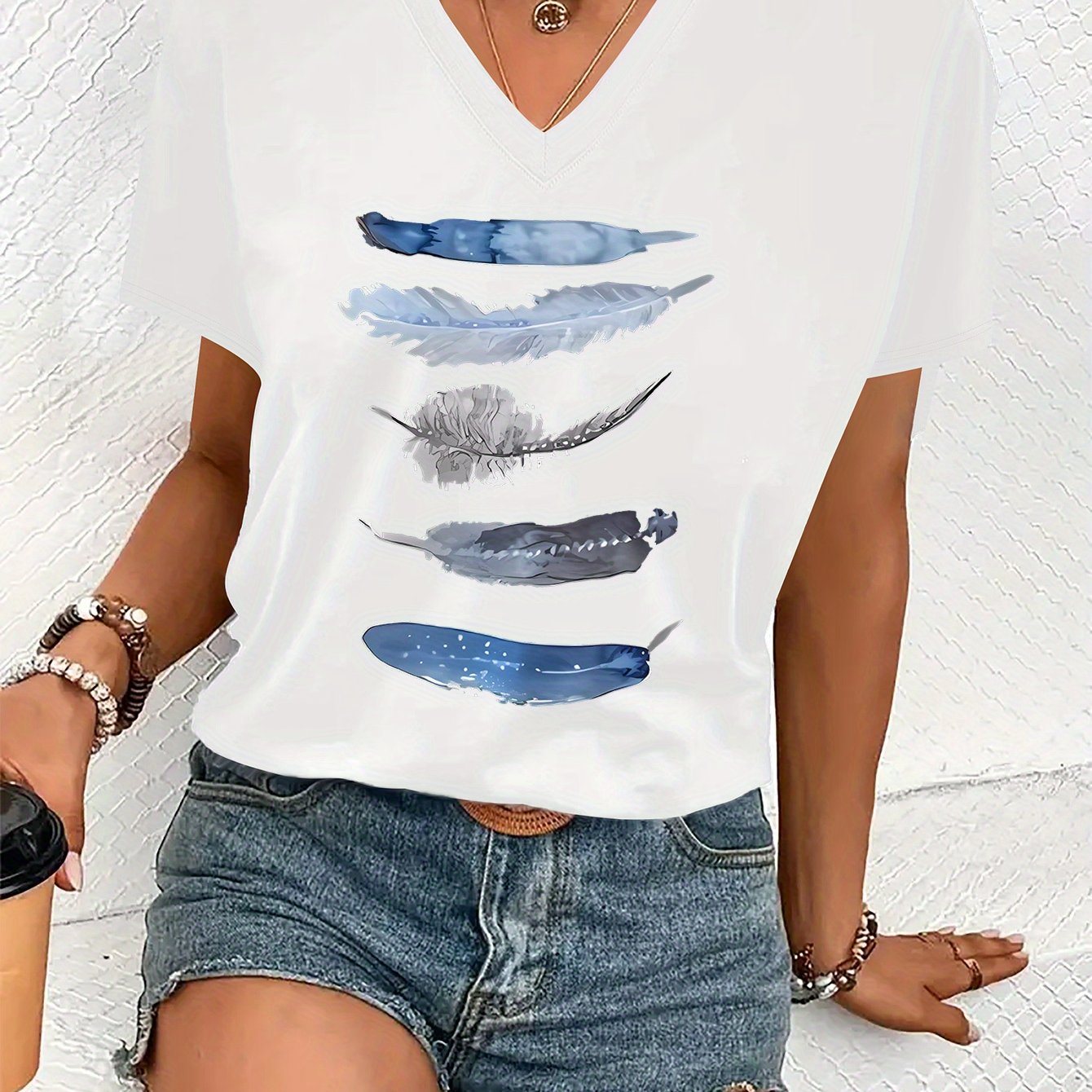 TEMU Graphic Print T-shirt, Short Sleeve V Neck Casual Top For Summer & Spring, Women's Clothing
