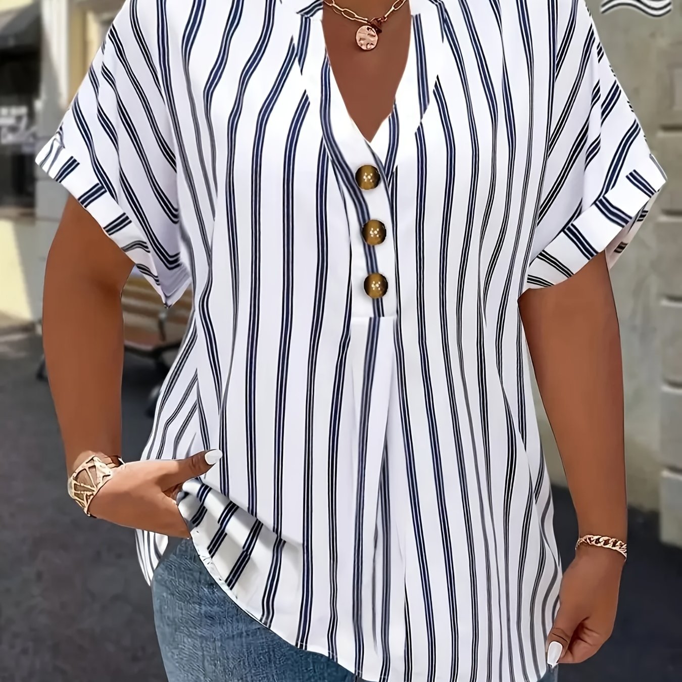TEMU Plus Size, Single-piece Striped Notch V-neck Shirt With Simple Button Pullover Short Sleeve Design For Daily Casual Plus Size Women's Top