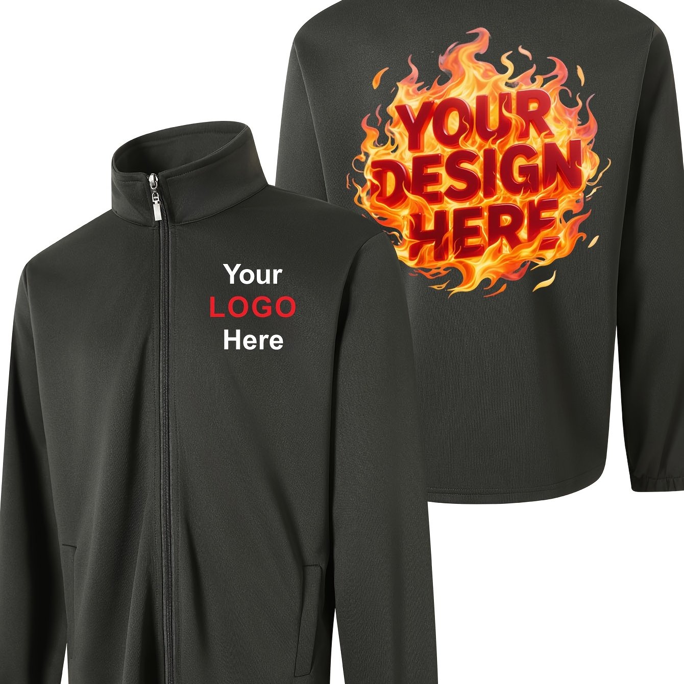 TEMU Men's Stand Collar Zip-up Sweatshirt, Customizable With Front And Back Prints, Add Your Text/image/family Photo/pet Photo/, Breathable And