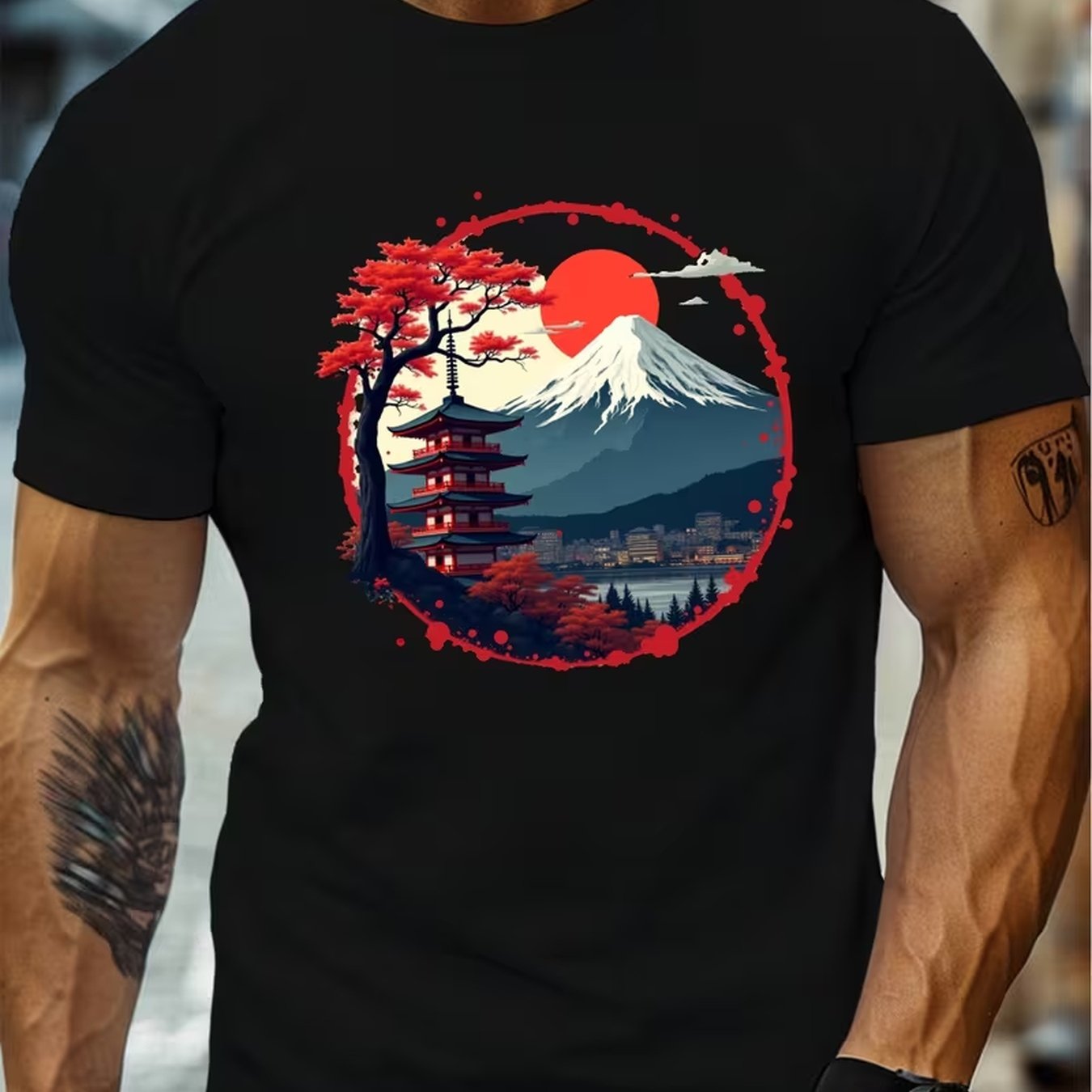 TEMU Men's Japan-themed & Pagoda Print T-shirt - Lightweight Summer Short Sleeve Crew Neck Tee Suitable For Casual Wear & Japan Travel - Iconic Top