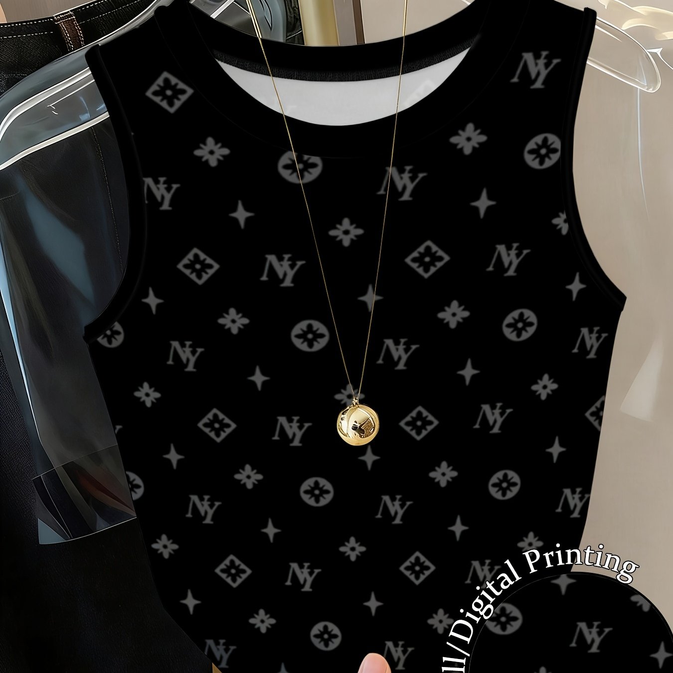 TEMU Y2k Spicy Neck Printed Tank Top, Slim-fit Sleeveless Top For Women