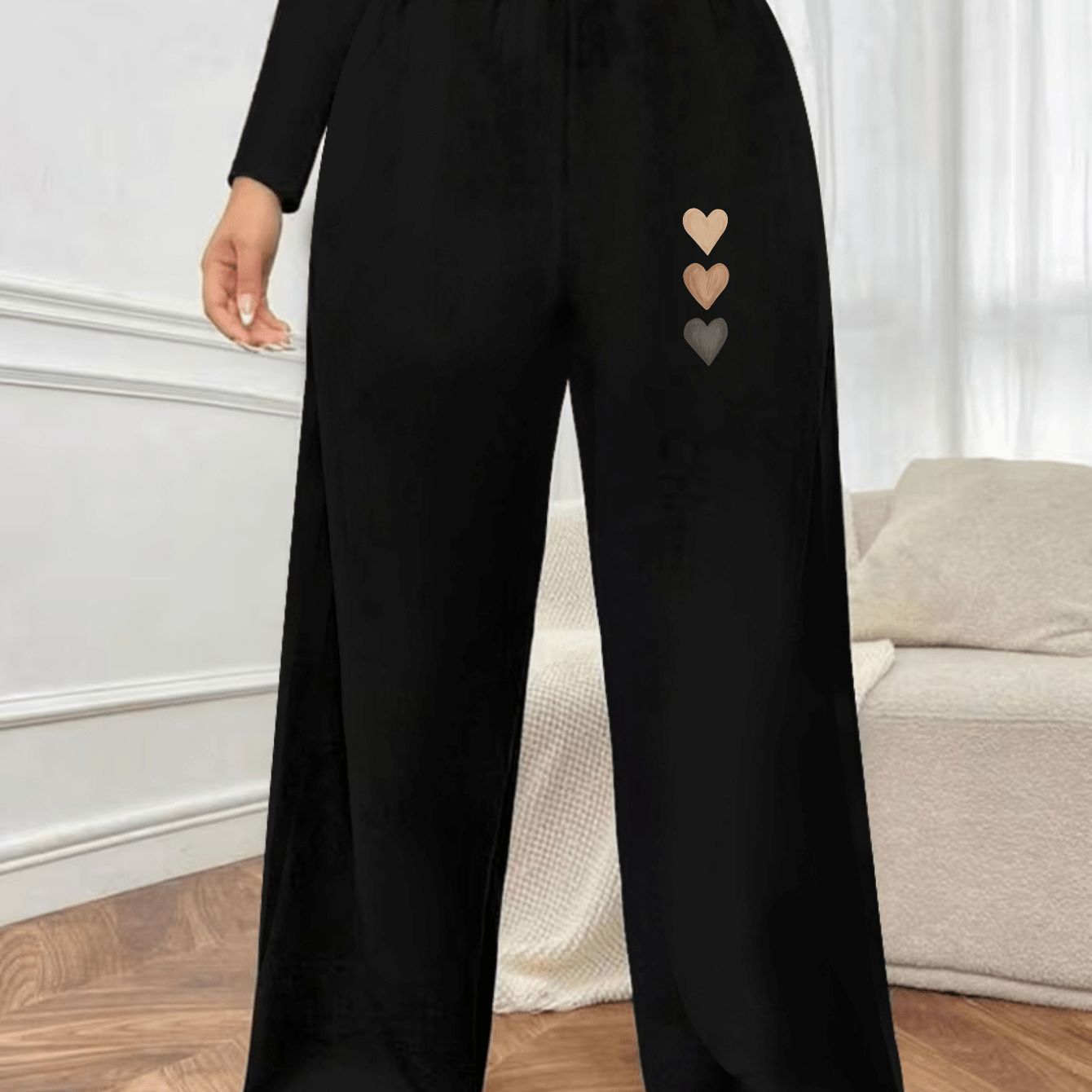 TEMU Plus Size - Plus Size - Plus Size Women's Fashion Casual Wide-leg Pants With Pockets, Heart Pattern Print, Comfortable Stretch Waist Wear,