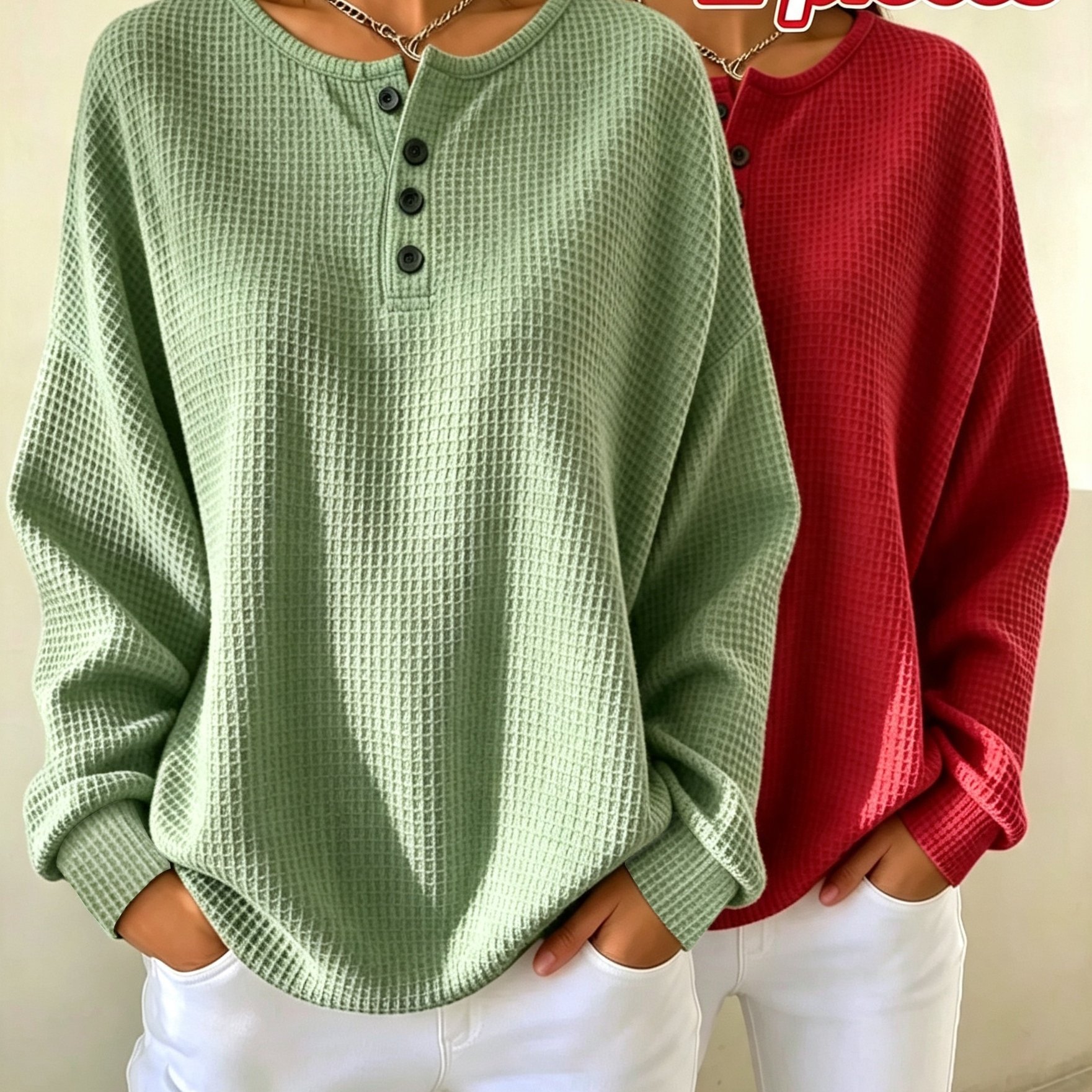 TEMU Grande Taille - Sweat-shirt Femme Grande Taille Automne Hiver, Ensemble 2 pièces Col Henley Couleur Unie, Blanc Confortable Boutonnage Long