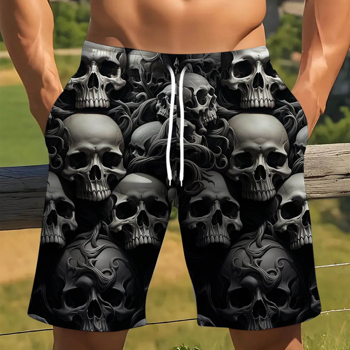 TEMU Men's Black Gray Contrast 3d Skull Full Shorts, Dark , Perfect For Individual And Fashionable Outfits