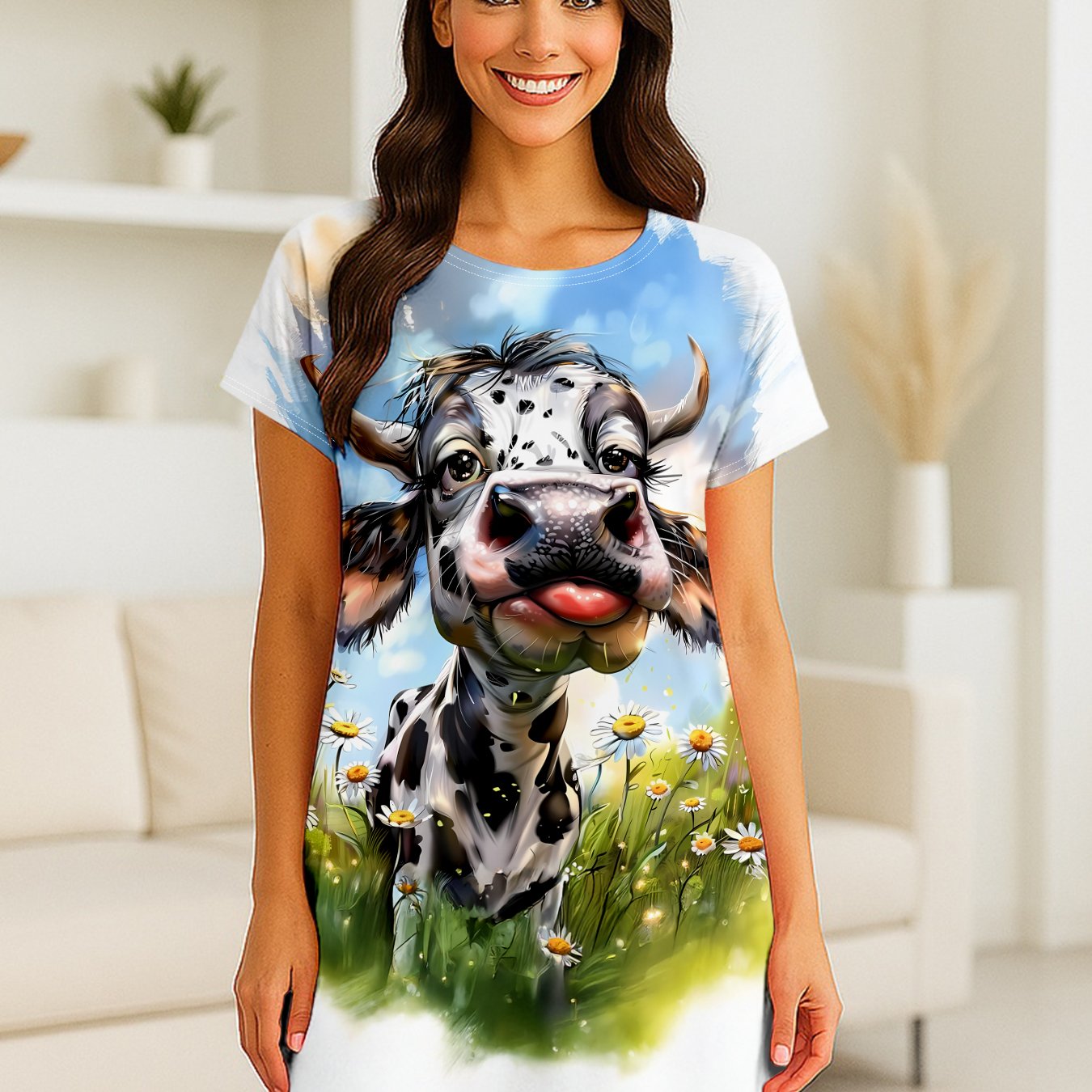 TEMU 1pc Cow Pattern With Tongue Out, Easy All-match Printed Nightgown, Suitable For , , Morning, Weekend Staycation, Home Reading, Comfortable And
