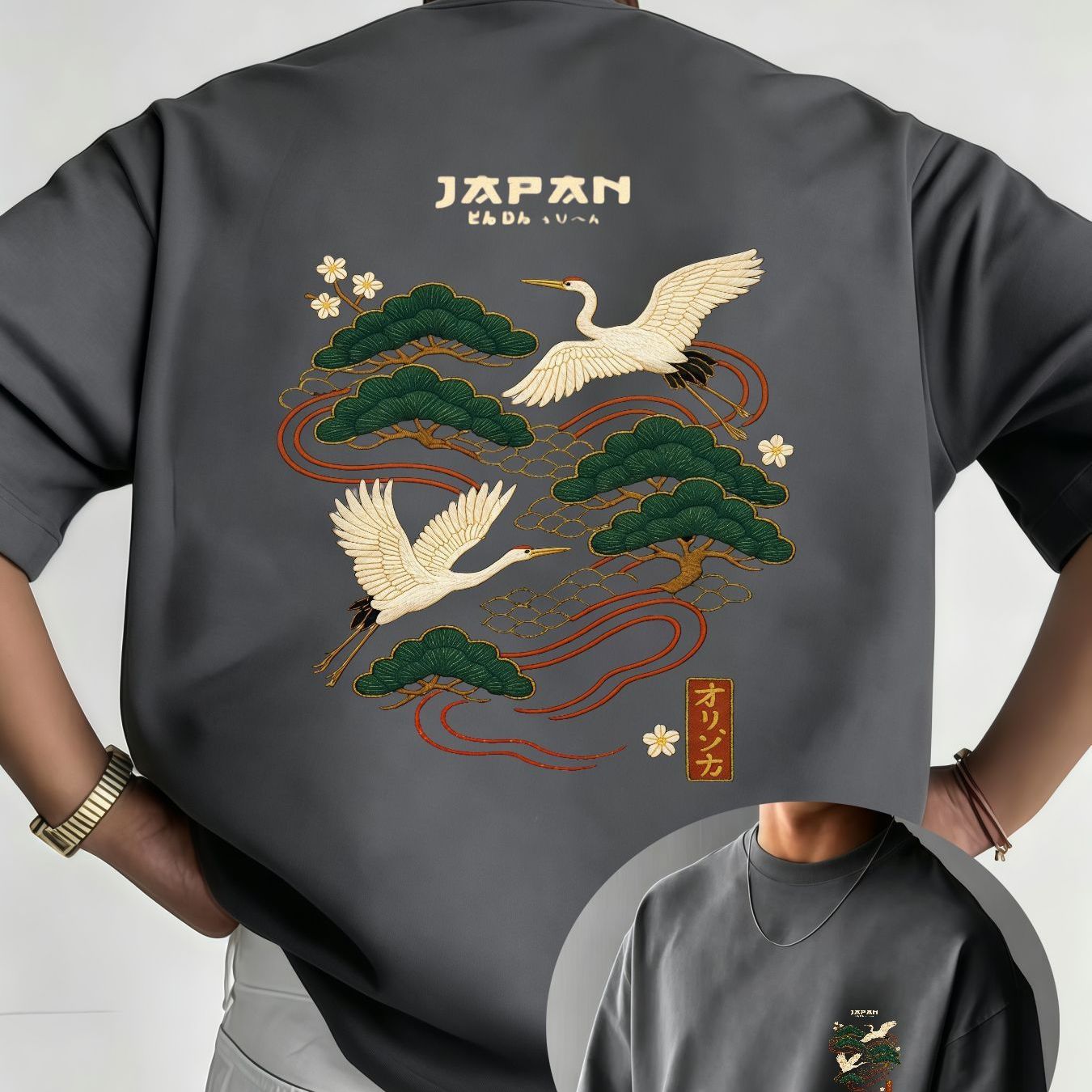 TEMU Men's Japanese Vintage Crane & Pine Tree Print T-shirt - Loose Neck Short Sleeve Casual Streetwear Shirt Suitable For - Wear, Machine Washable