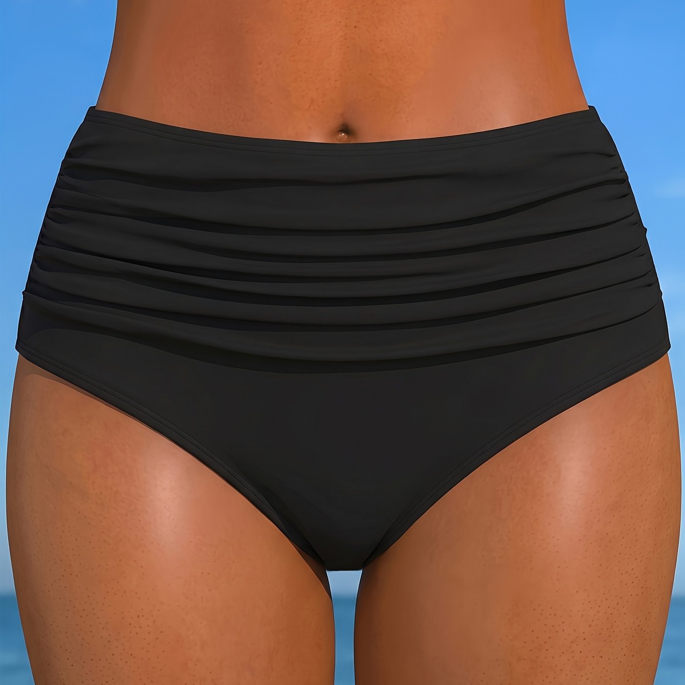 Image of Sundfotday Women High Waist Ruched Bikini Bottoms Black Swimwear For Swimming