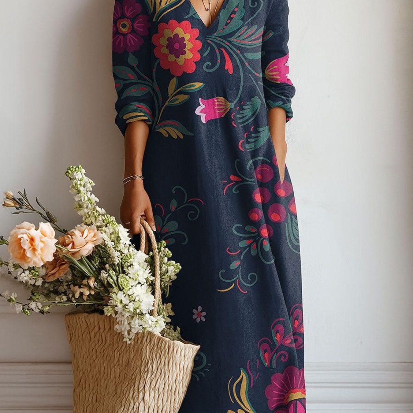 Image of Plus Size - Navy Blue Retro Ethnic Painted Floral Print Plus Size Women's V-neck Three-quarter Sleeve Literary Vacation Long Dress